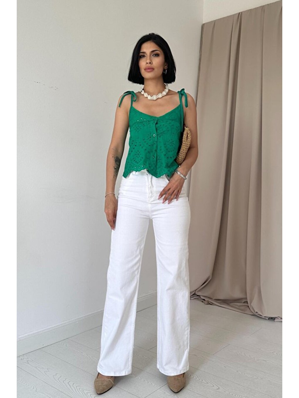 Yeşil Bağcıklı Brode Bluz-3