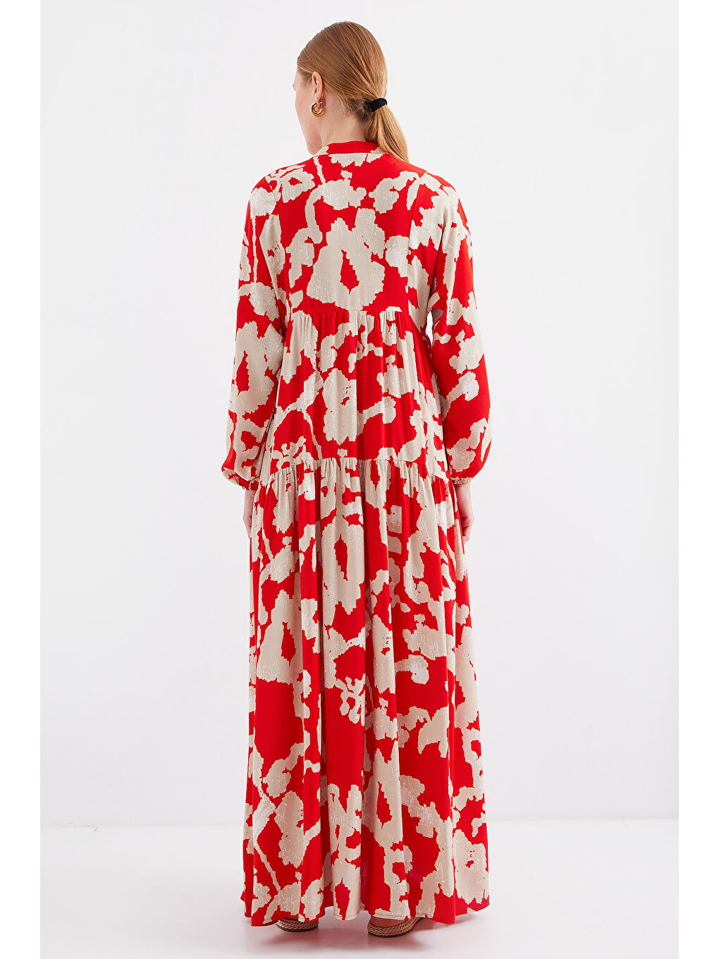 2423 Otantik Desenli Tesettür Elbise - V. Kırmızı-6