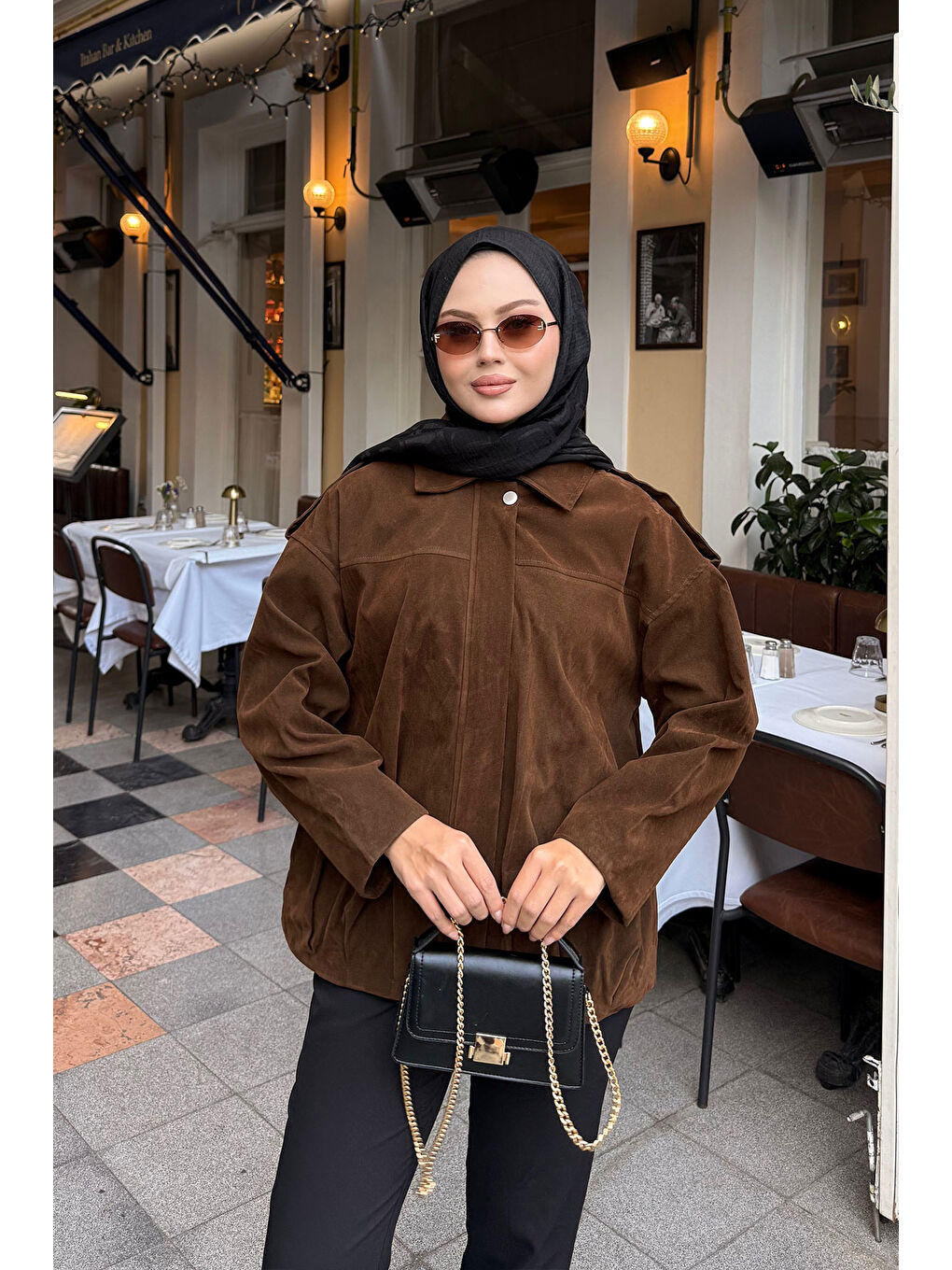 Kadın Gizli Düğmeli Kadife Ceket Kahverengi