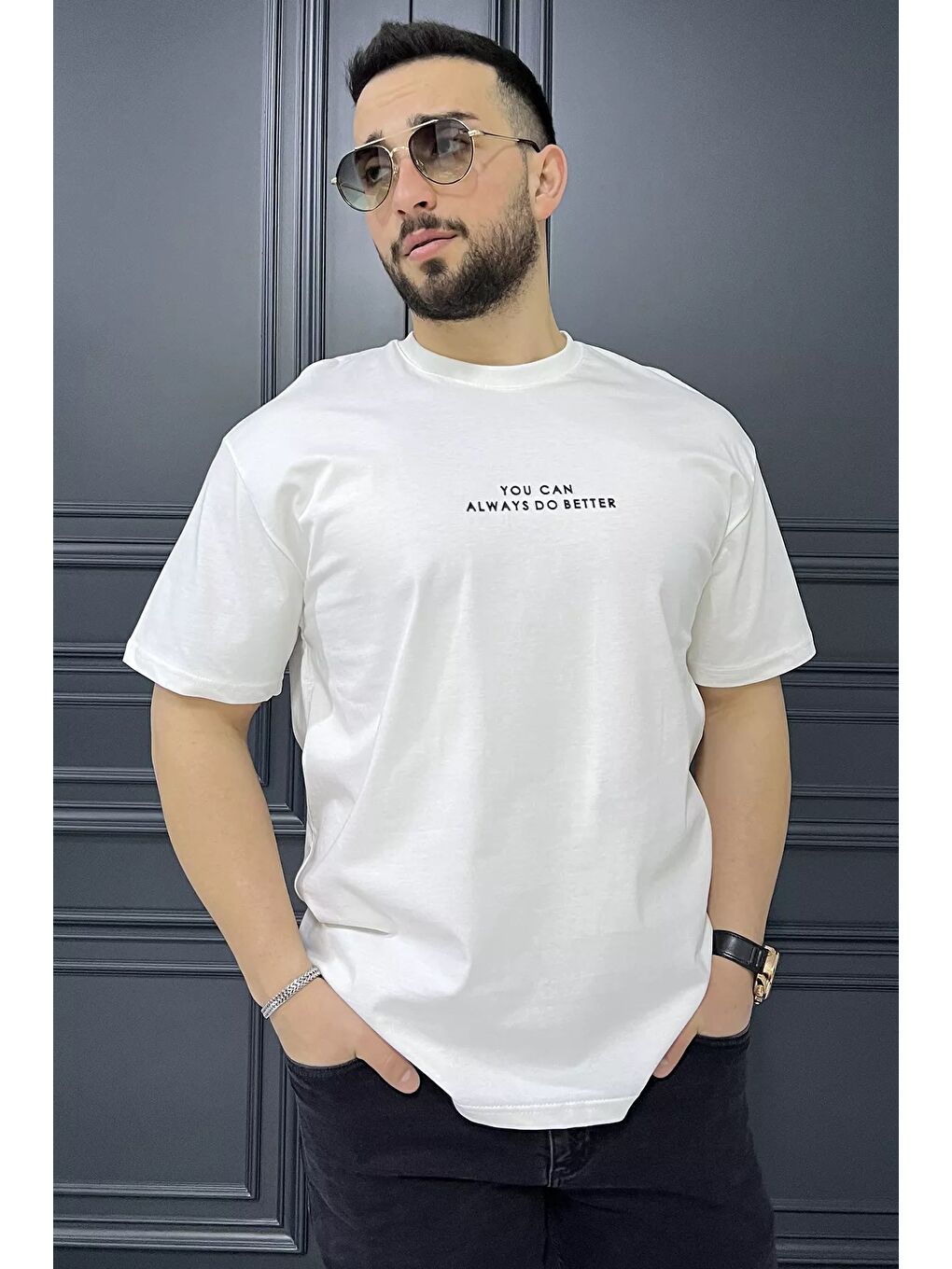 Ekru Erkek Bisiklet Yaka Silikon Yazı Baskılı Tişört