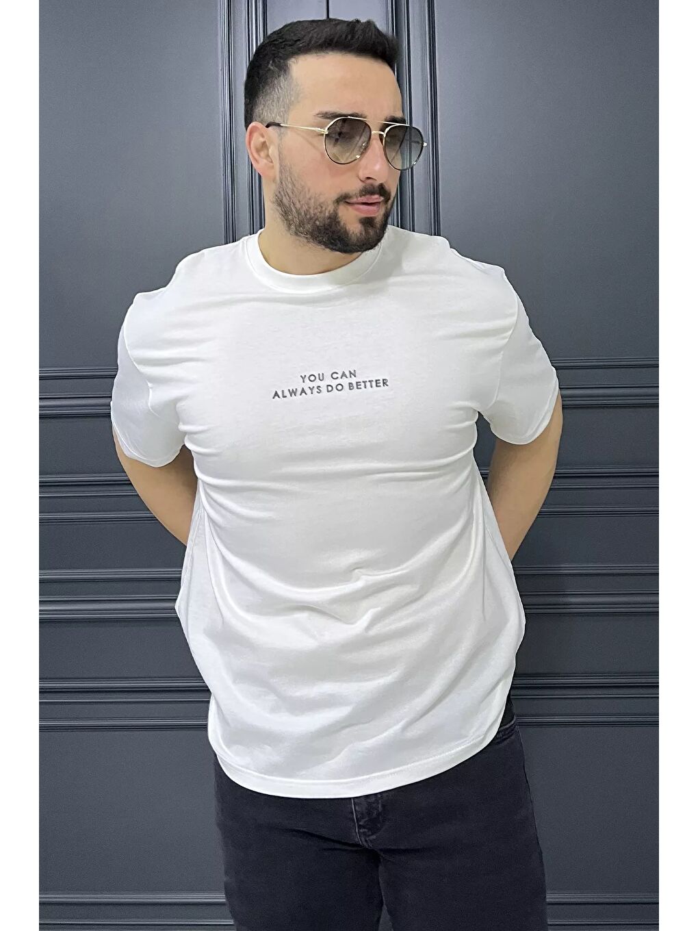 Ekru Erkek Bisiklet Yaka Silikon Yazı Baskılı Tişört-1