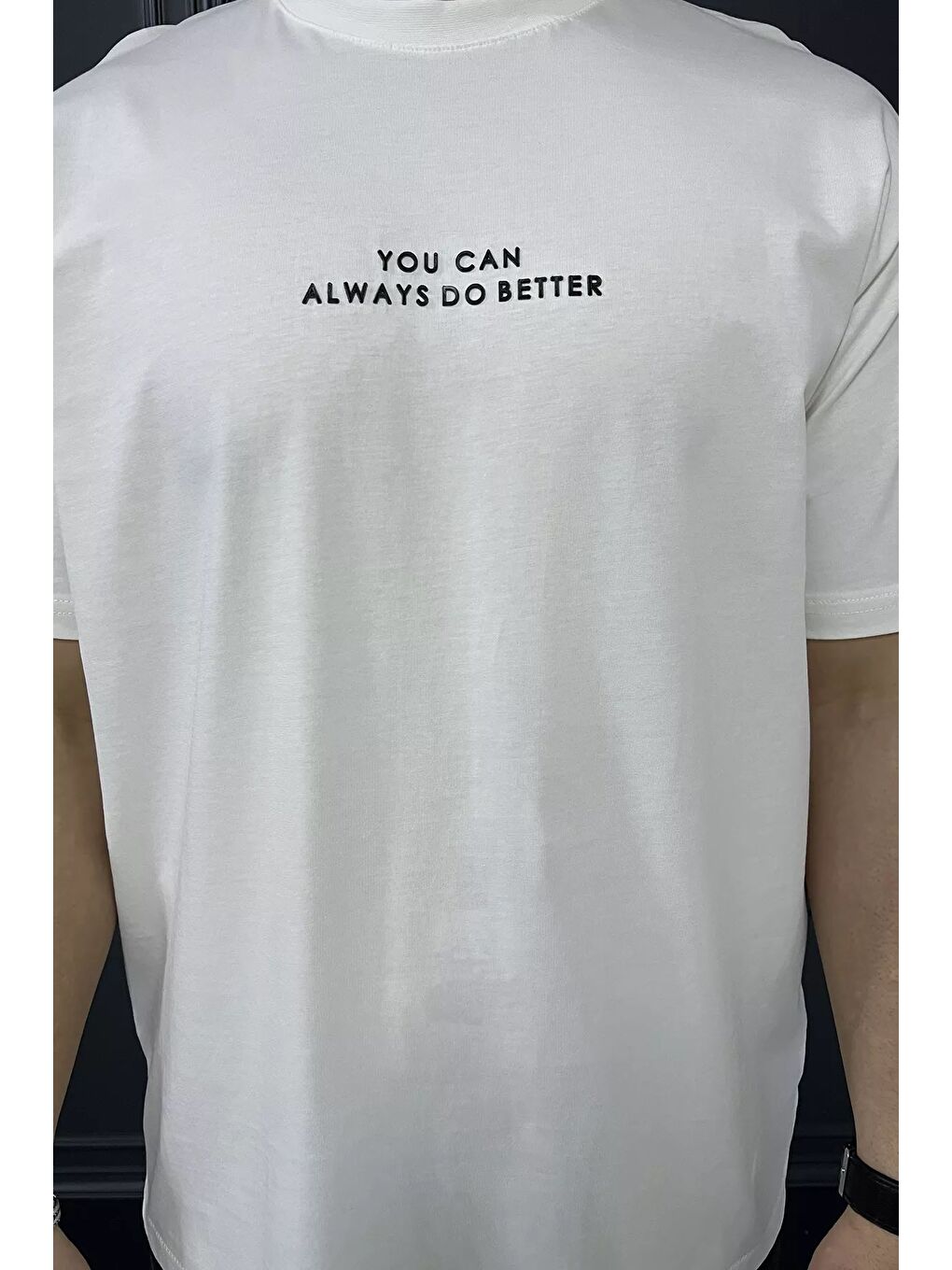 Ekru Erkek Bisiklet Yaka Silikon Yazı Baskılı Tişört-3