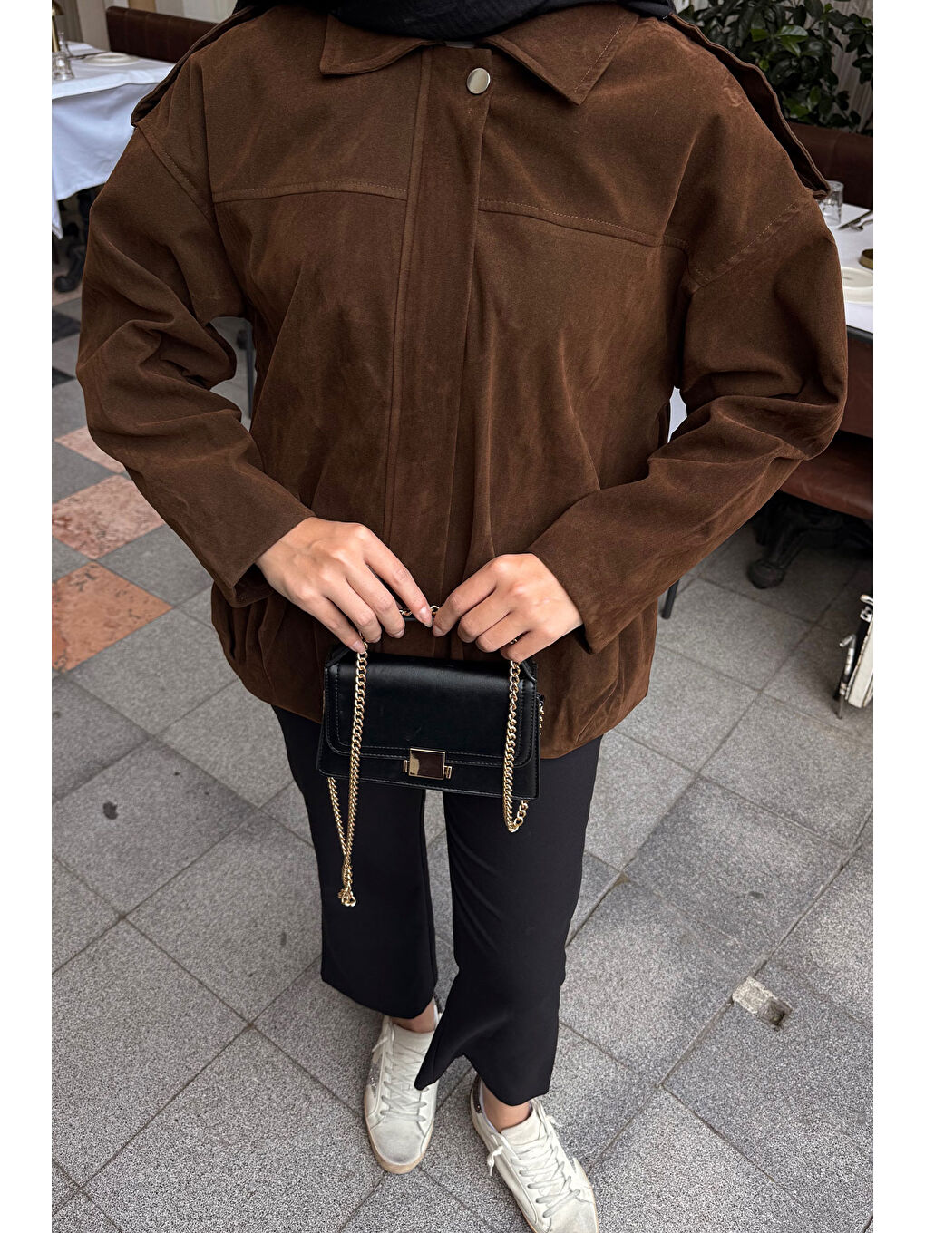 Kadın Gizli Düğmeli Kadife Ceket Kahverengi-4