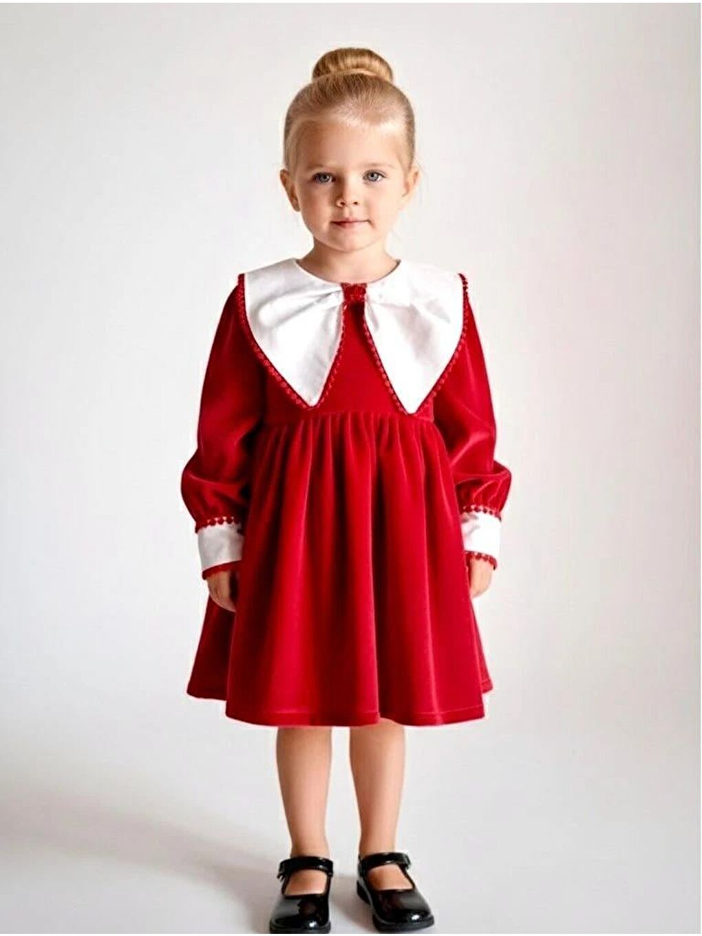 Kız Çocuk Pamuklu Kadife Kırmızı Beyaz Yakalı Elbise - Balon Kol Ve Ponpon Detaylı-1