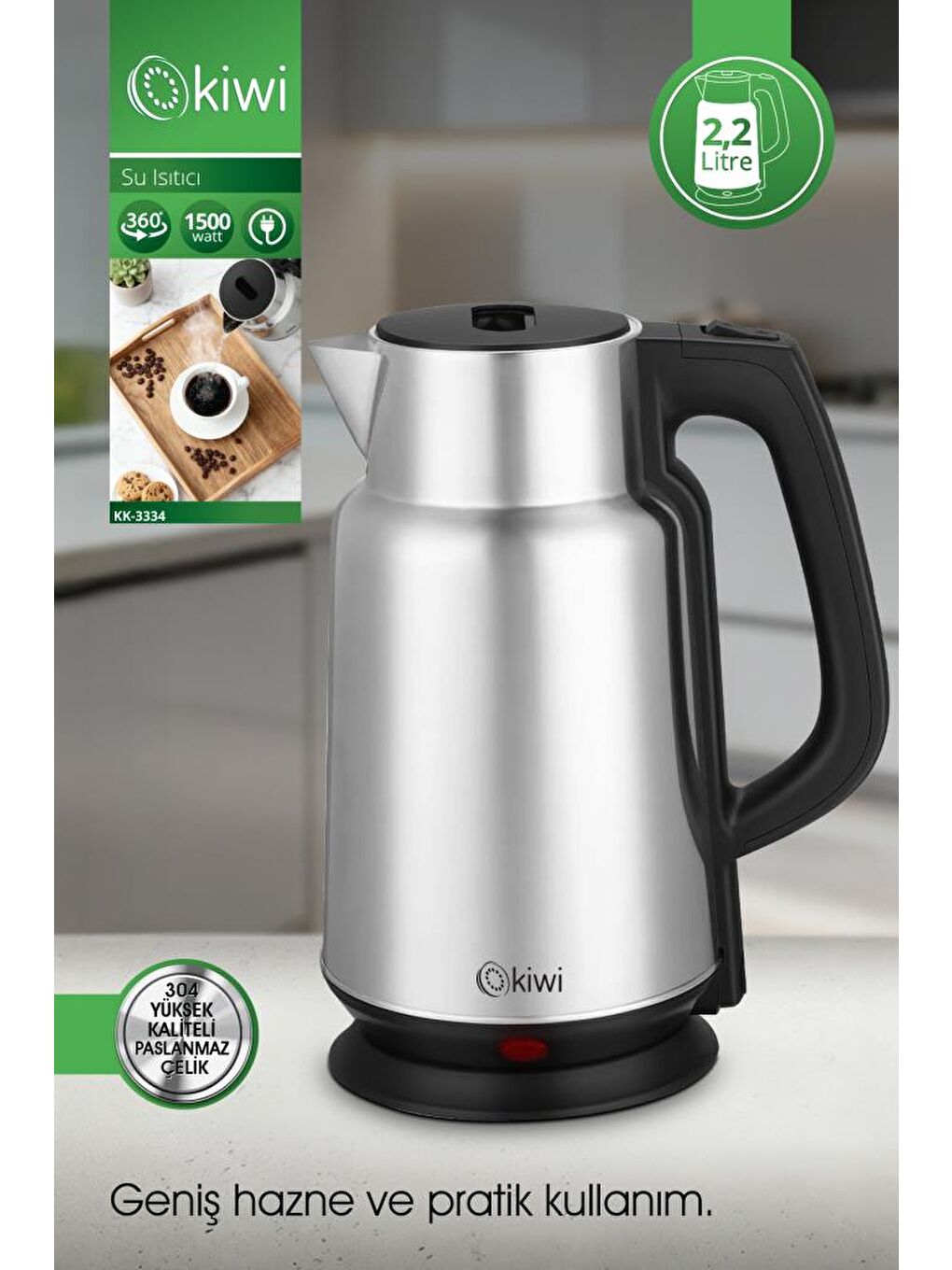 KK-3334 Su Isıtıcı | 2.2L Paslanmaz Çelik, 360° Kablosuz, Gizli Rezistans