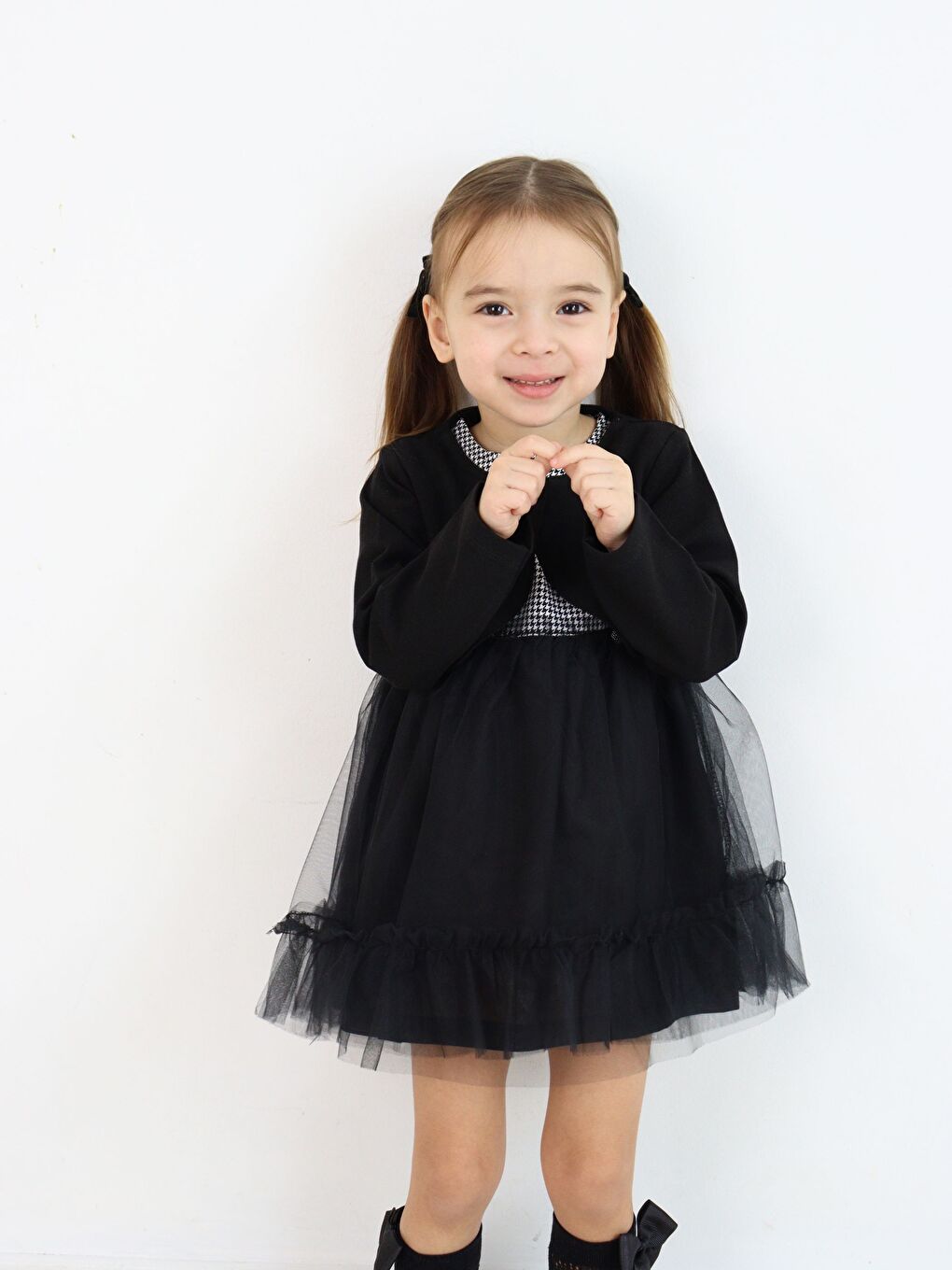 Siyah Bisiklet Yaka Kısa Kollu Kız Bebek Tüllü Elbise ve Uzun Kollu Bolero 2'li Takım-8