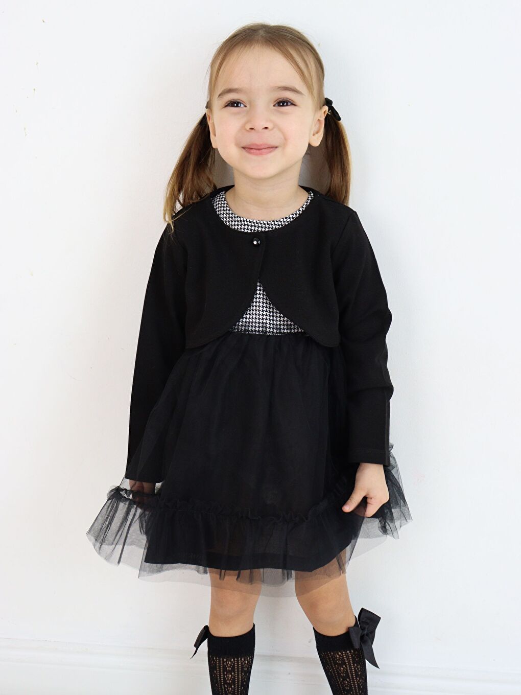 Siyah Bisiklet Yaka Kısa Kollu Kız Bebek Tüllü Elbise ve Uzun Kollu Bolero 2'li Takım-9