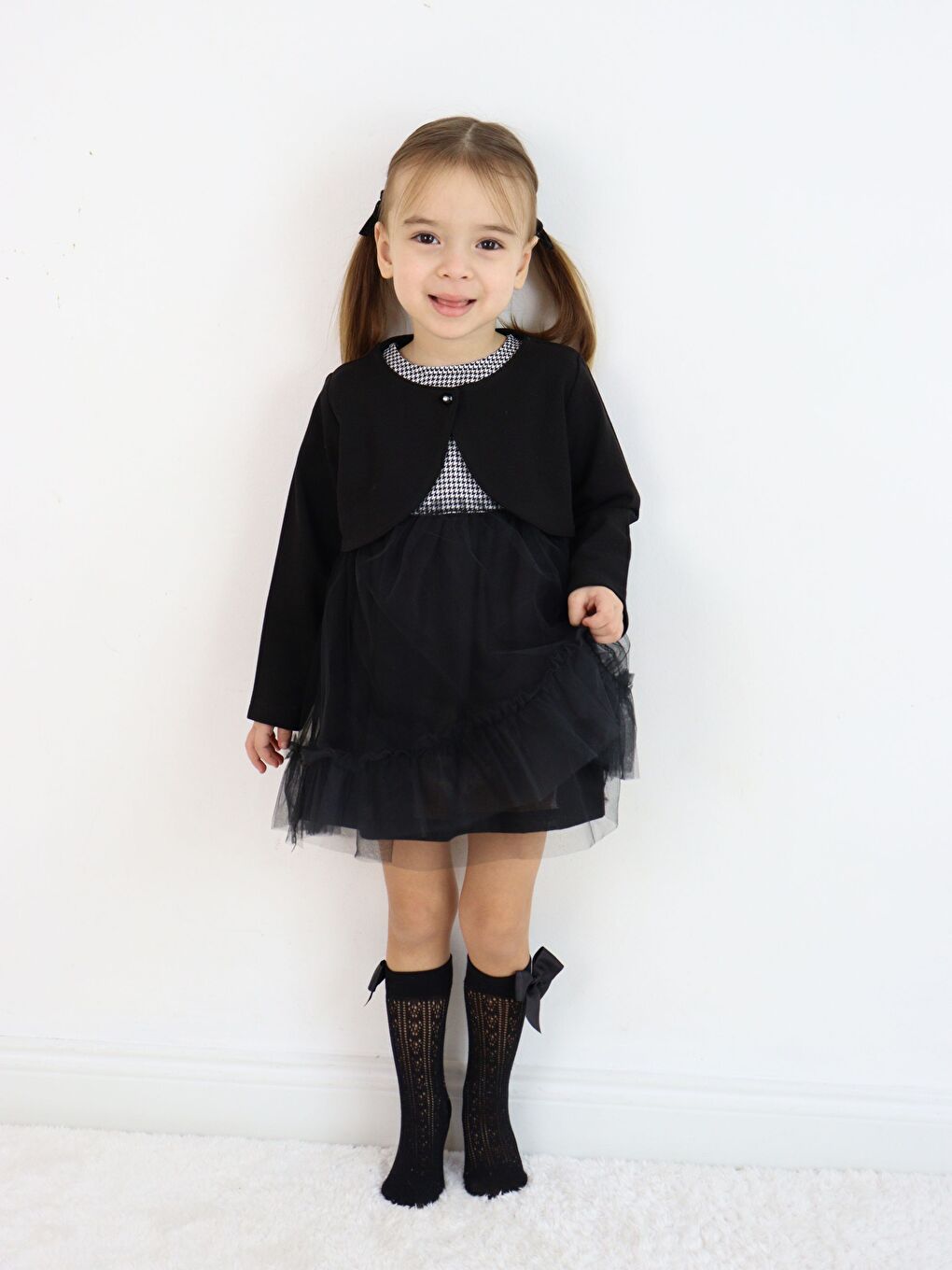 Siyah Bisiklet Yaka Kısa Kollu Kız Bebek Tüllü Elbise ve Uzun Kollu Bolero 2'li Takım-10