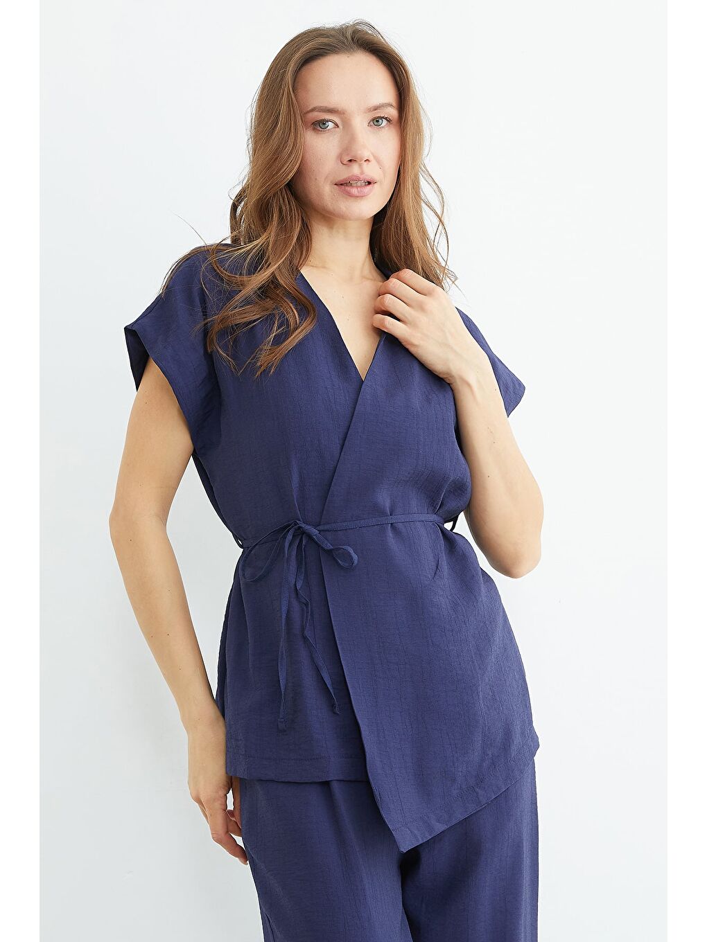 Lacivert Beli Bağlamalı Düşük Kol Yelekli Krinkıl 2 Li Takım-1