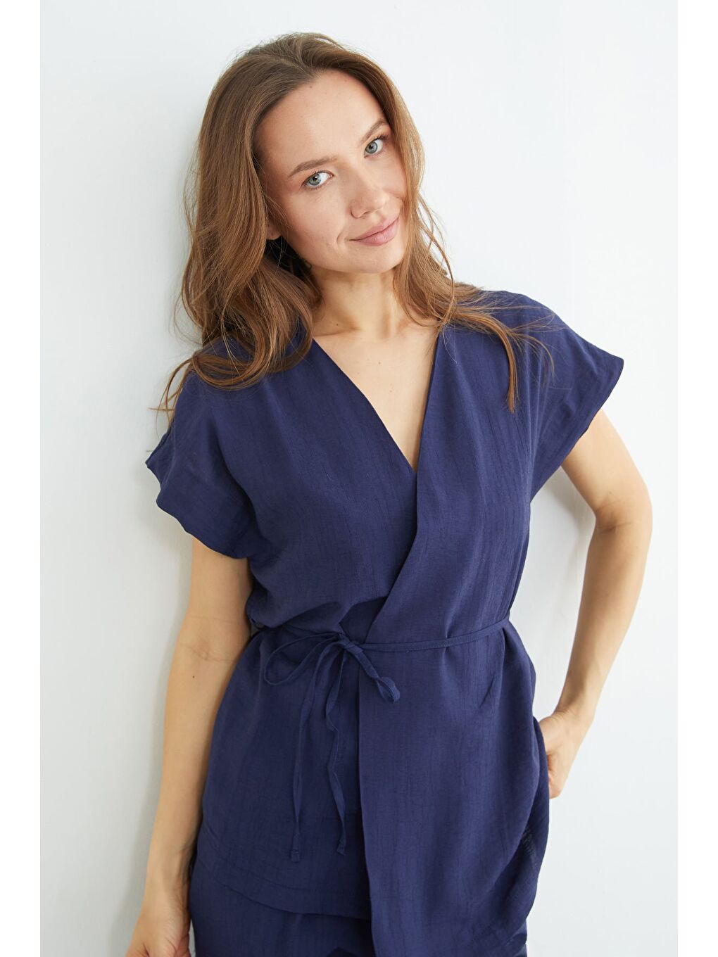 Lacivert Beli Bağlamalı Düşük Kol Yelekli Krinkıl 2 Li Takım-2