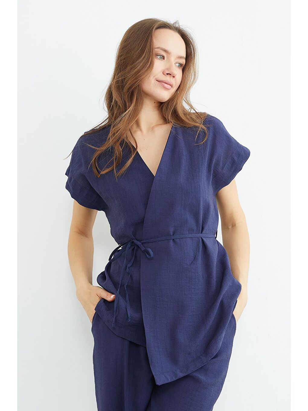 Lacivert Beli Bağlamalı Düşük Kol Yelekli Krinkıl 2 Li Takım-3