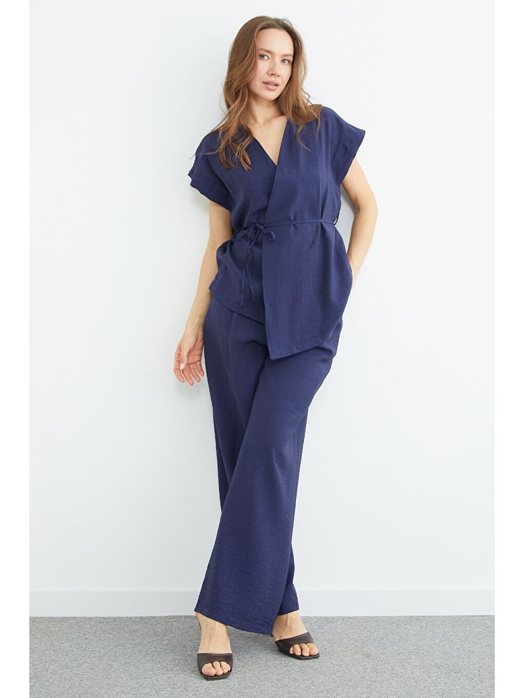 Lacivert Beli Bağlamalı Düşük Kol Yelekli Krinkıl 2 Li Takım-4