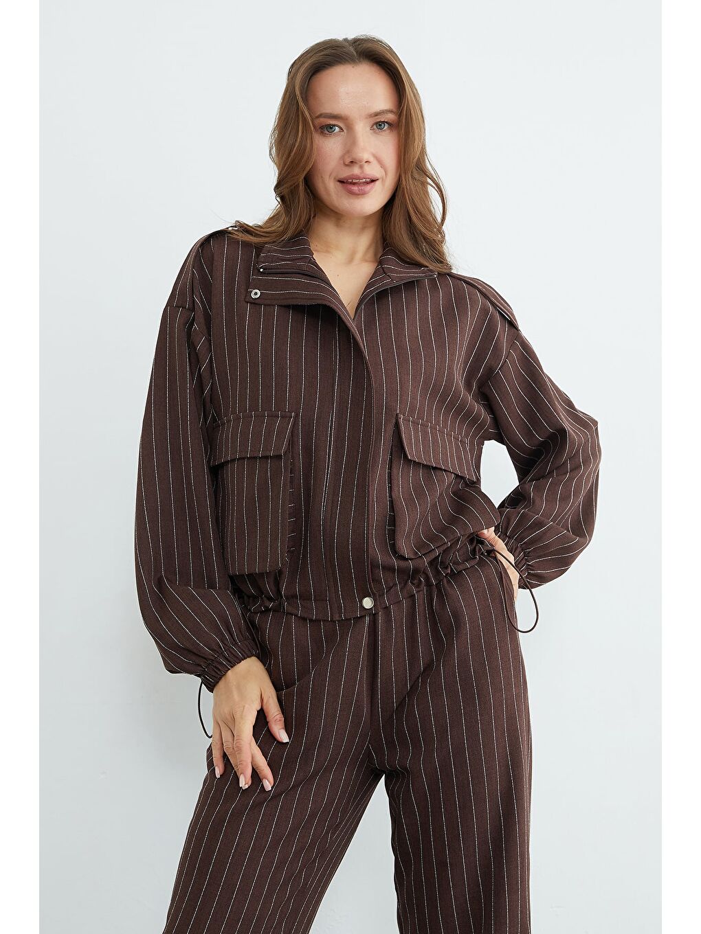 Kahverengi Çizgili Beli Stoperli Fermuarlı 2 Li Takım