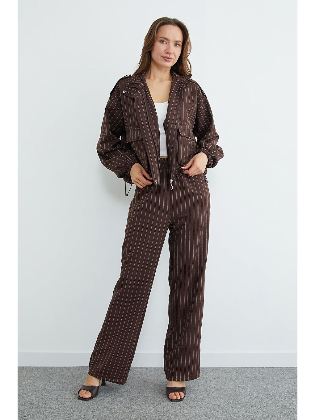 Kahverengi Çizgili Beli Stoperli Fermuarlı 2 Li Takım-1