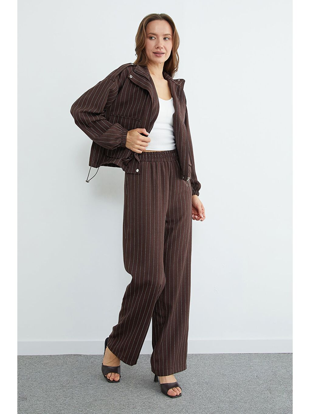 Kahverengi Çizgili Beli Stoperli Fermuarlı 2 Li Takım-2