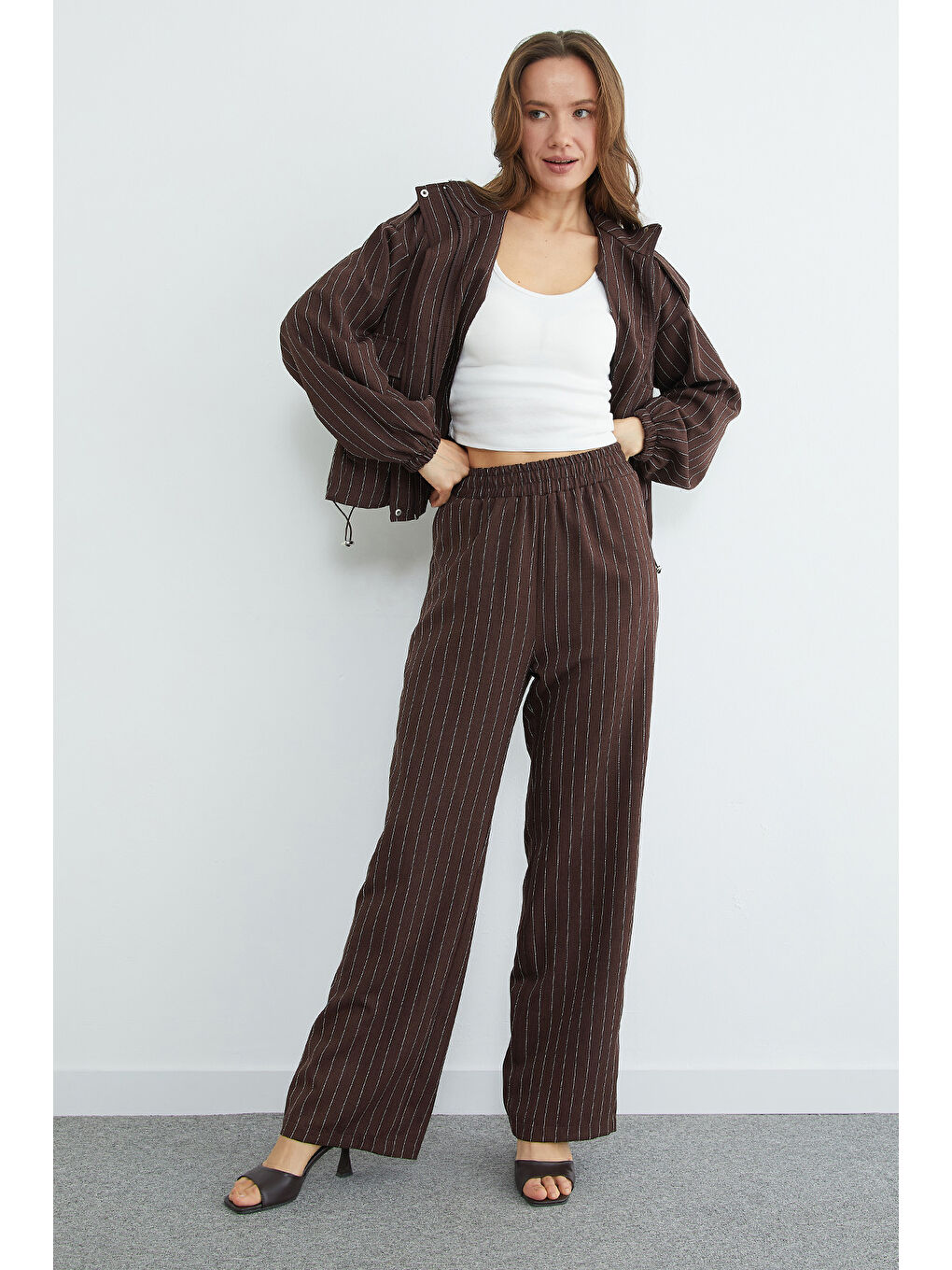 Kahverengi Çizgili Beli Stoperli Fermuarlı 2 Li Takım-3