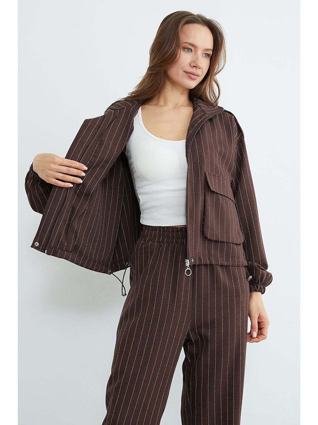 Kahverengi Çizgili Beli Stoperli Fermuarlı 2 Li Takım-4