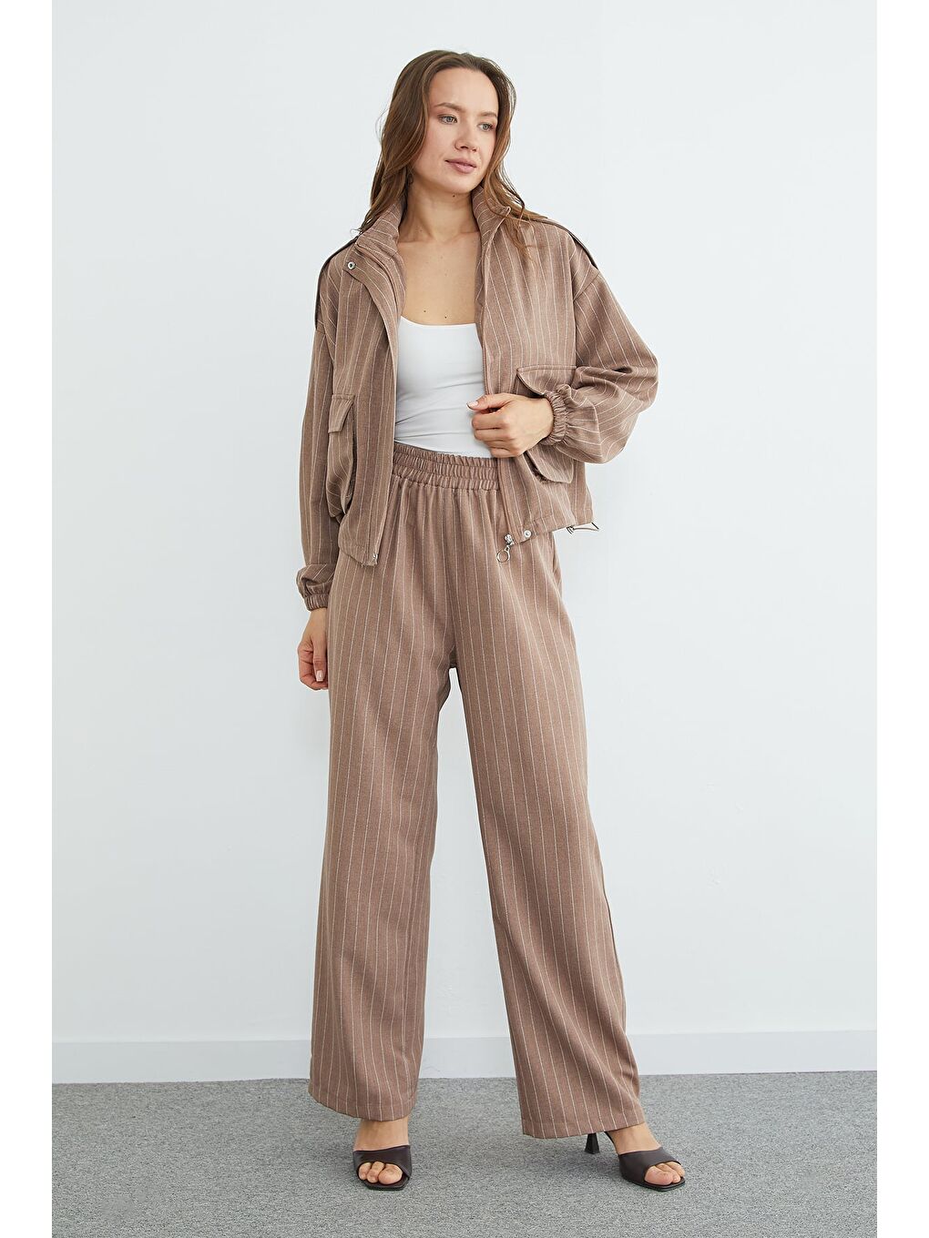 Bej Çizgili Beli Stoperli Fermuarlı 2 Li Takım