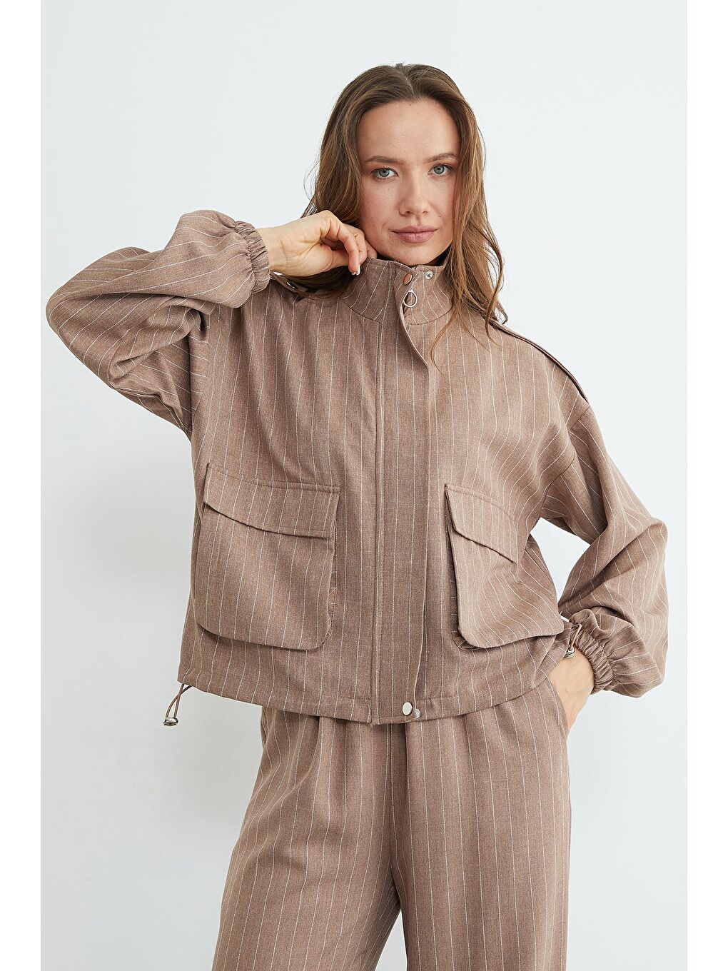 Bej Çizgili Beli Stoperli Fermuarlı 2 Li Takım-1