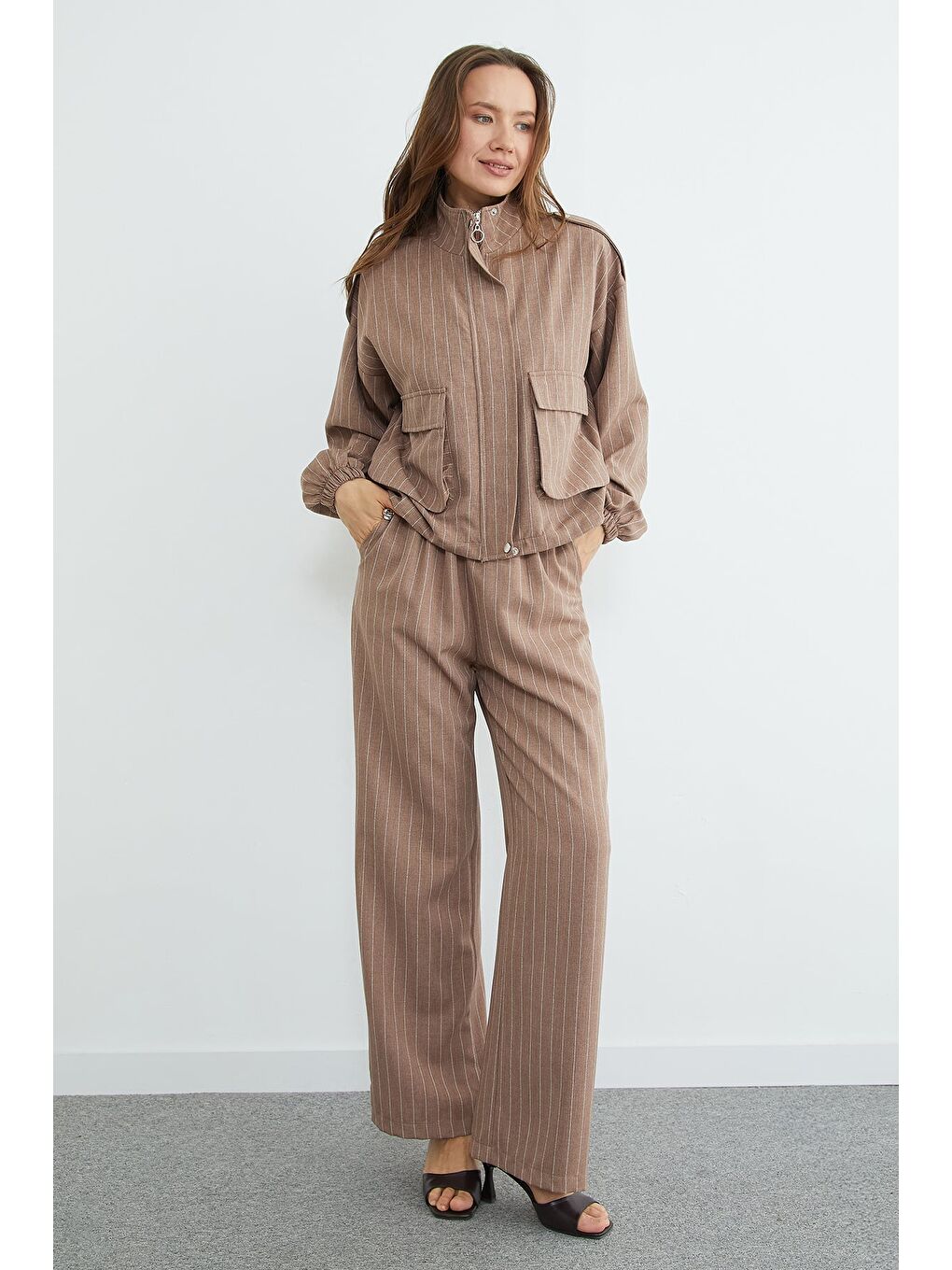 Bej Çizgili Beli Stoperli Fermuarlı 2 Li Takım-2