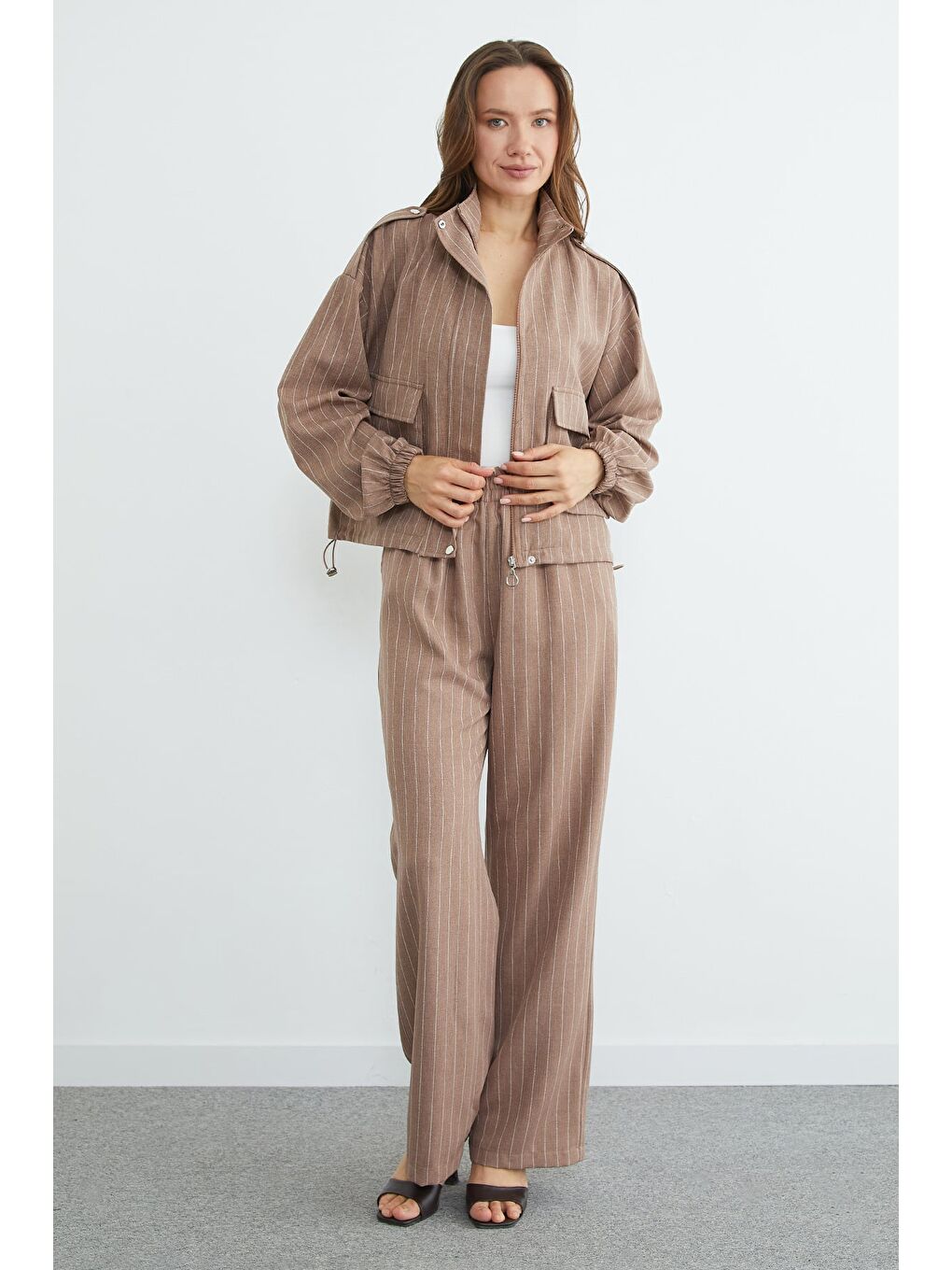 Bej Çizgili Beli Stoperli Fermuarlı 2 Li Takım-3