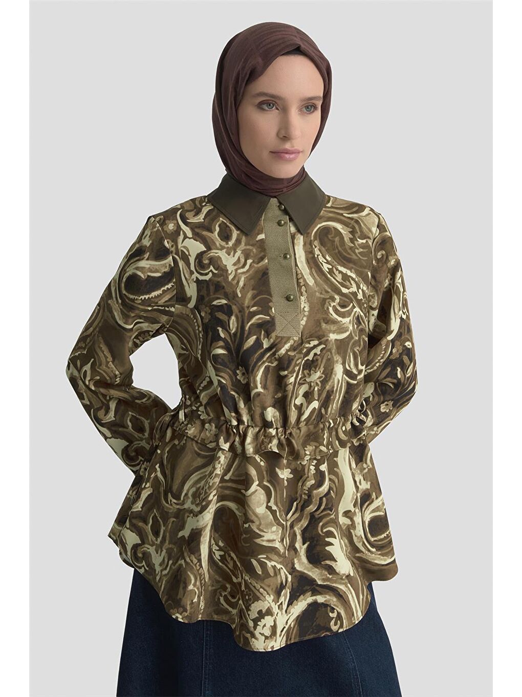 Kahverengi Yakası Ve Kolu Triko Detaylı Bluz 25K3844 Camel-1