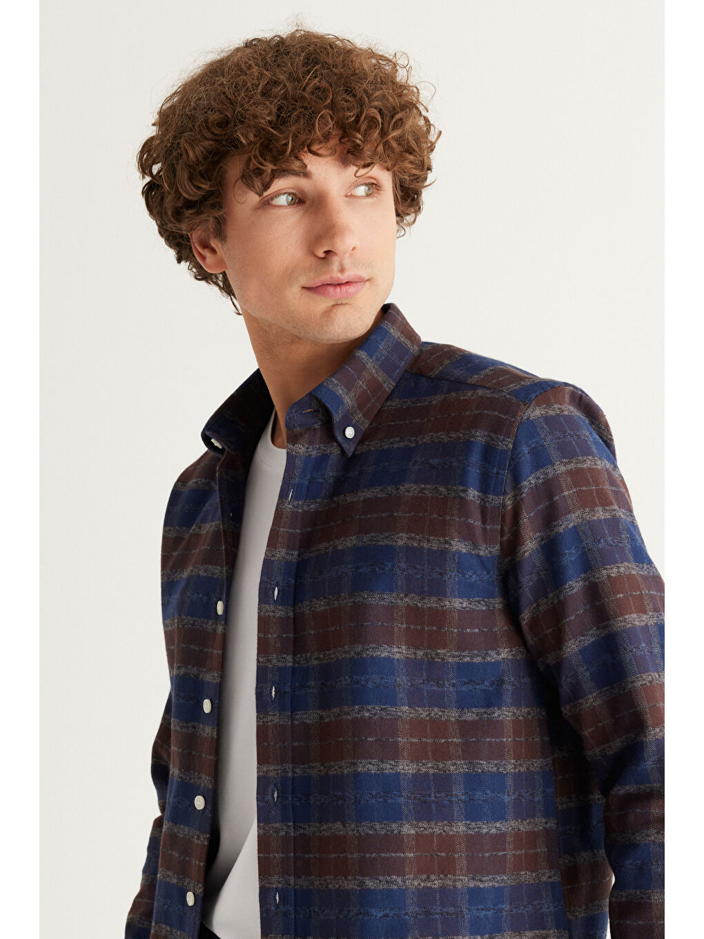 Erkek Lacivert-Kahverengi Slim Fit Dar Kesim Düğmeli Yaka %100 Pamuk Ekose Desenli Flanel Oduncu Gömlek-2