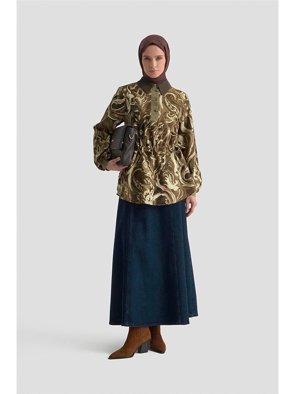 Kahverengi Yakası Ve Kolu Triko Detaylı Bluz 25K3844 Camel-3