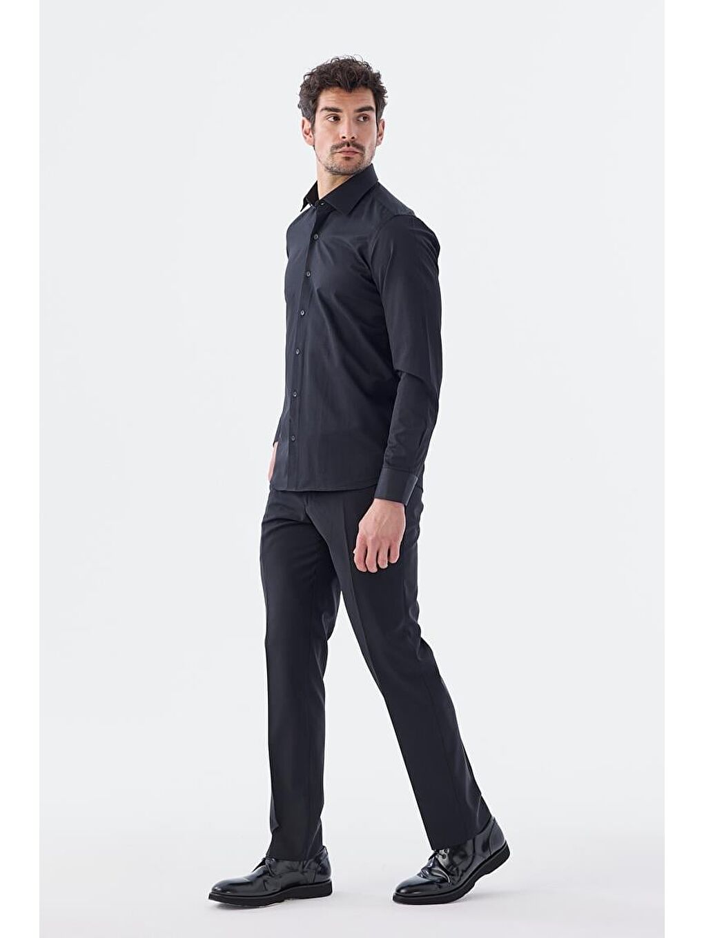 Siyah Slim Fit Desenli İtalyan Yaka Klasik Kravatlık Pamuklu Gömlek-1