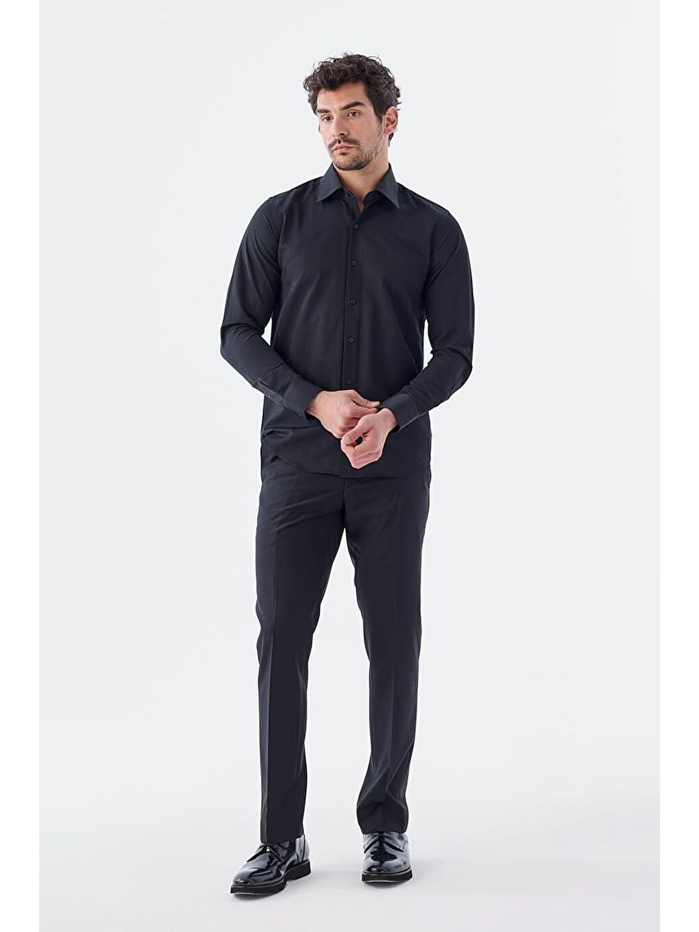 Siyah Slim Fit Desenli İtalyan Yaka Klasik Kravatlık Pamuklu Gömlek-2