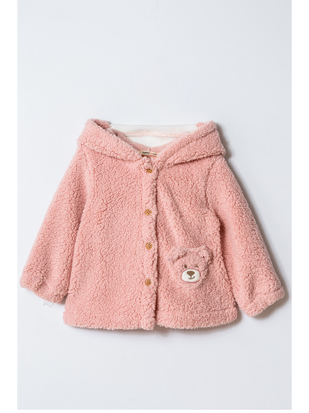 Kız Çocuk Pamuklu Pembe Teddy Desenli Kapüşonlu Düğmeli Mont - Ayıcık Cepli