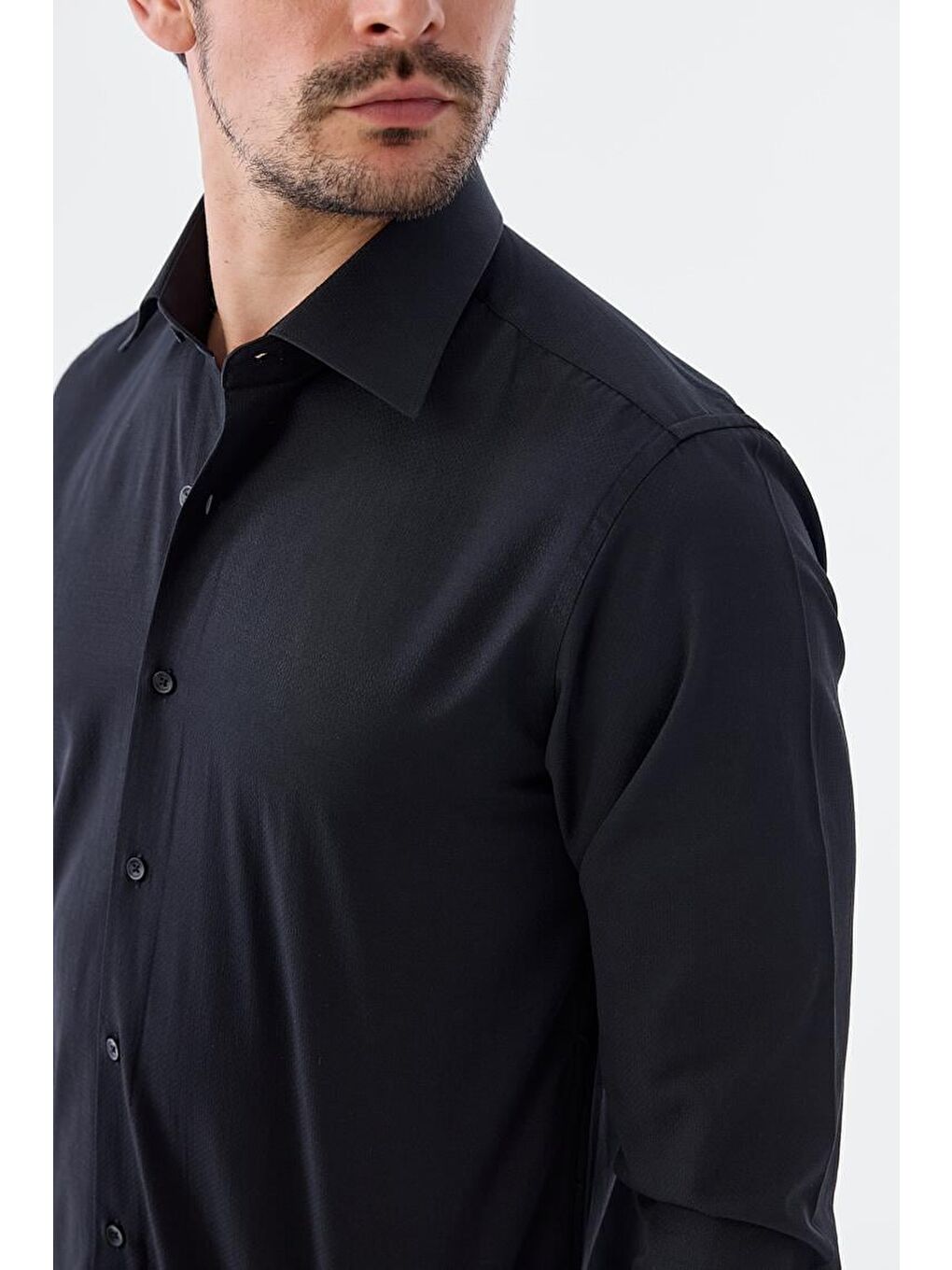 Siyah Slim Fit Desenli İtalyan Yaka Klasik Kravatlık Pamuklu Gömlek-4