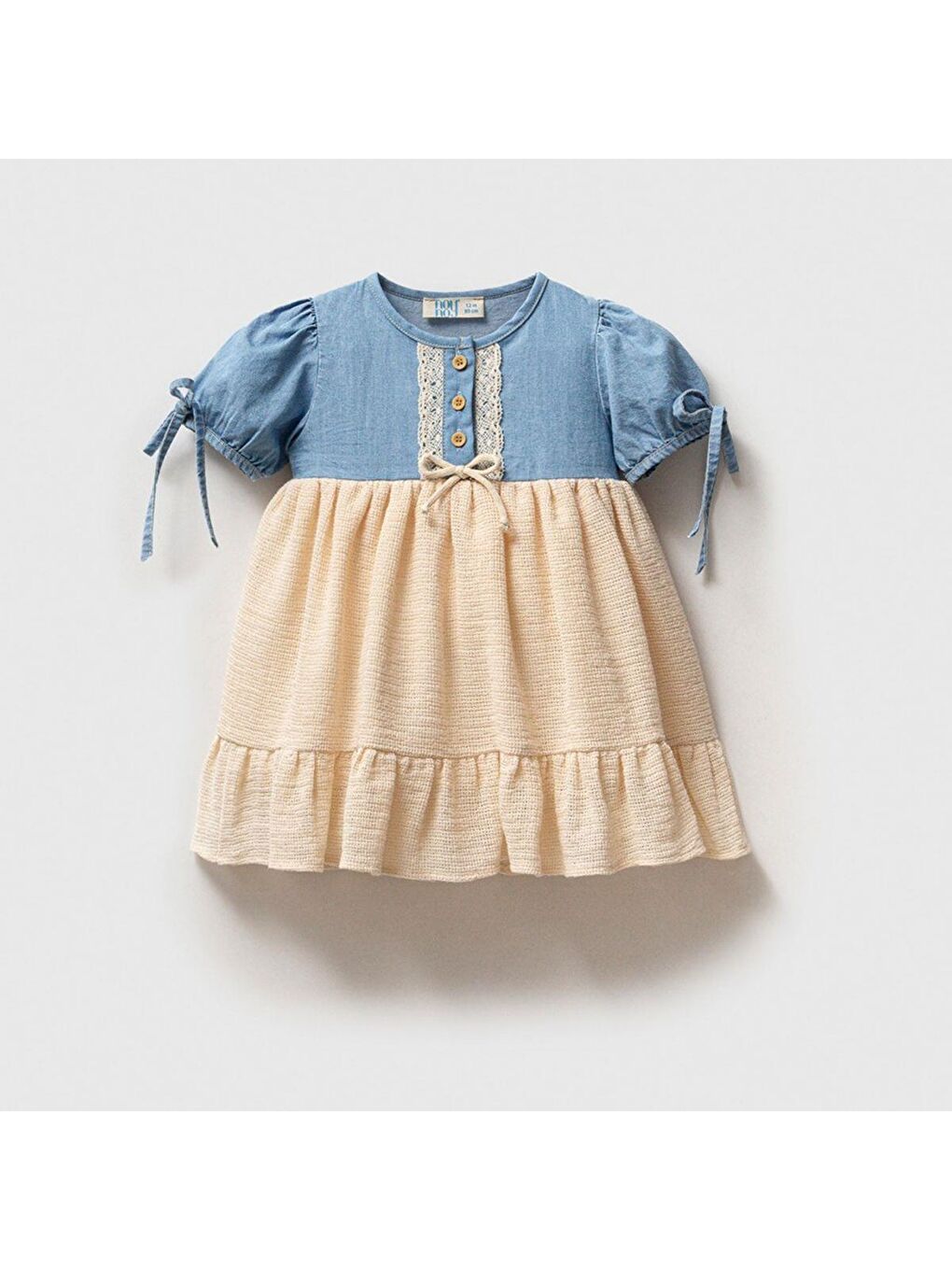 Karışık Kız Bebek Jean Detaylı Bej Volanlı Kısa Kollu Elbise-1