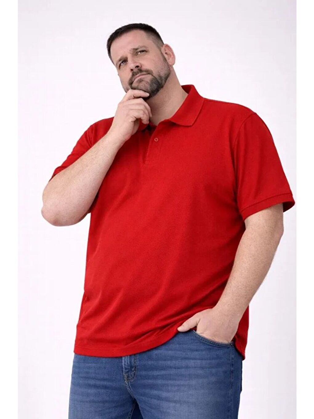 Kırmızı Erkek Pike Kumaş Düğmeli Yaka Battal Büyük Beden Tişört-1