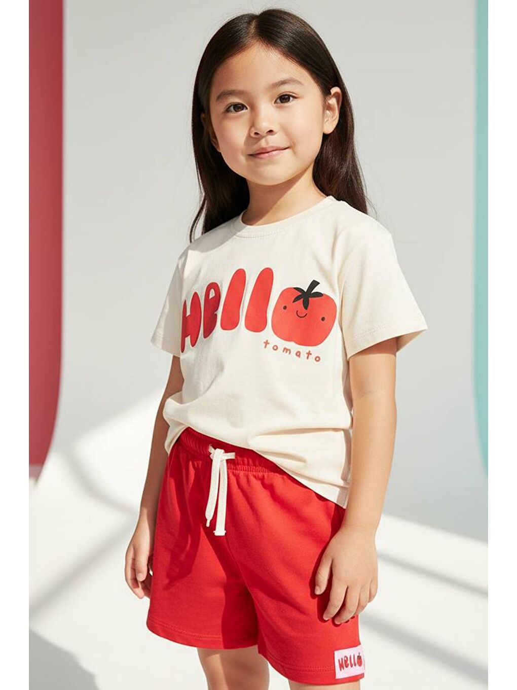 Lila Kız Çocuk Pamuklu Baskılı T-Shirt Ve Kırmızı Şort 2'Li Takım