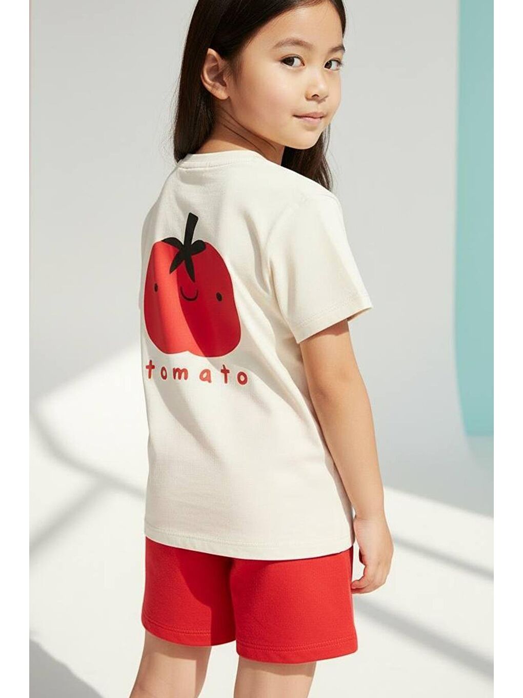 Lila Kız Çocuk Pamuklu Baskılı T-Shirt Ve Kırmızı Şort 2'Li Takım-1