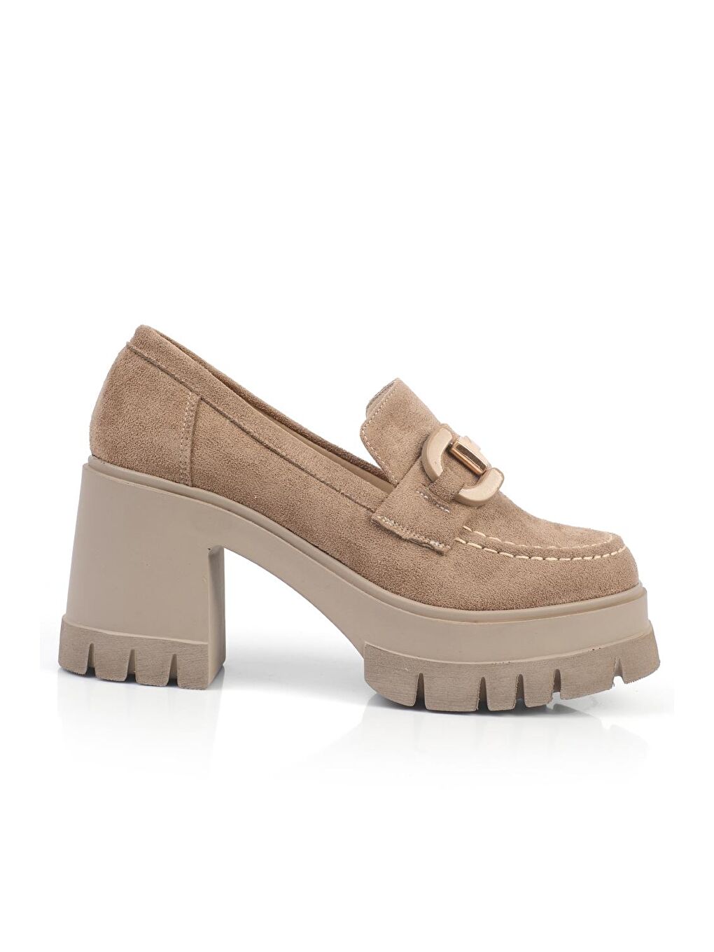 Bej Yuvarlak Burunlu Orta Topuklu Kadın Loafer-2