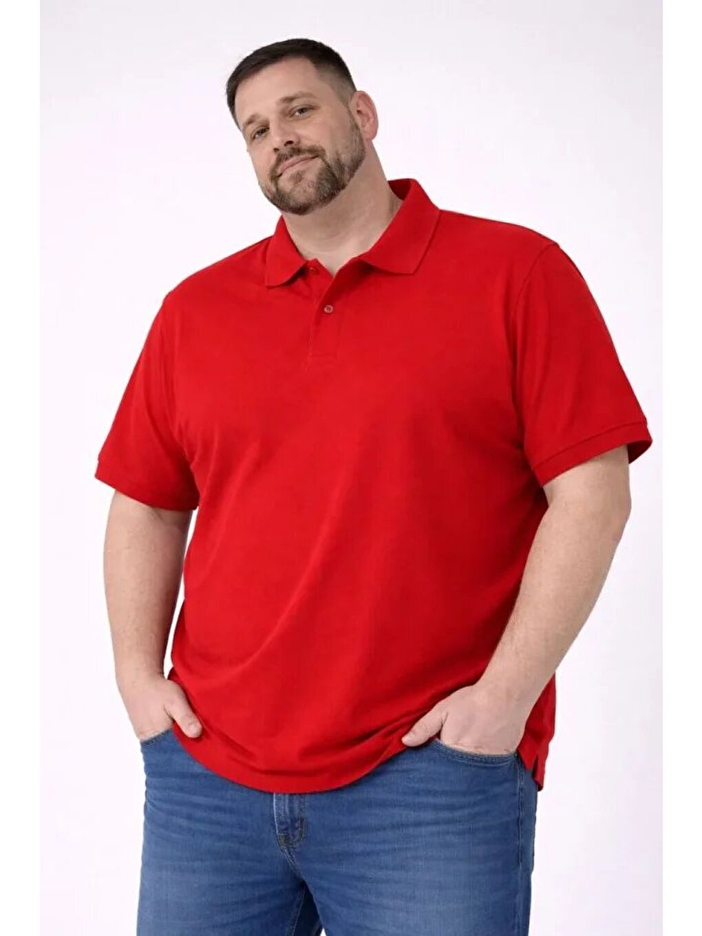 Kırmızı Erkek Pike Kumaş Düğmeli Yaka Battal Büyük Beden Tişört-2
