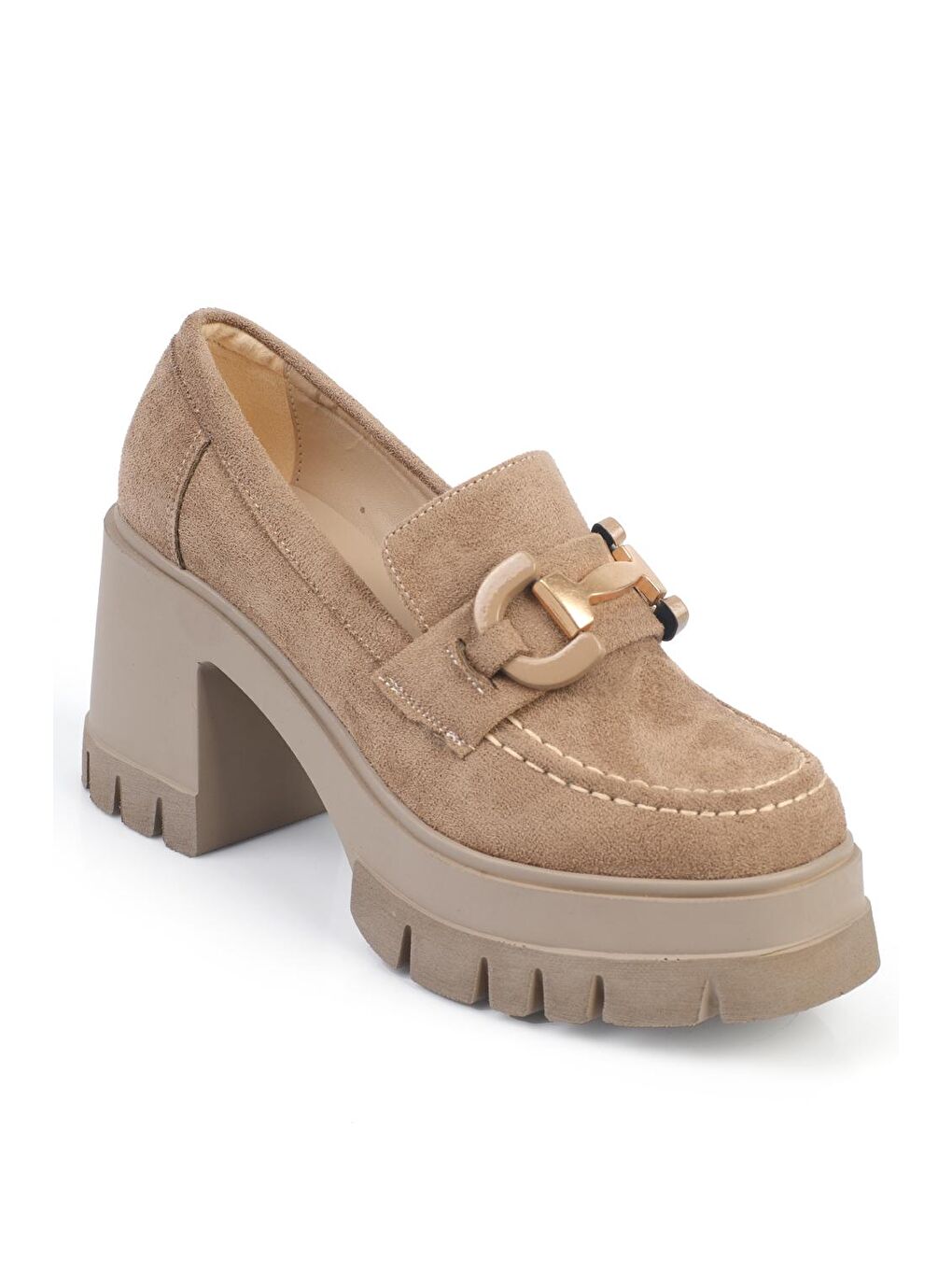 Bej Yuvarlak Burunlu Orta Topuklu Kadın Loafer-3