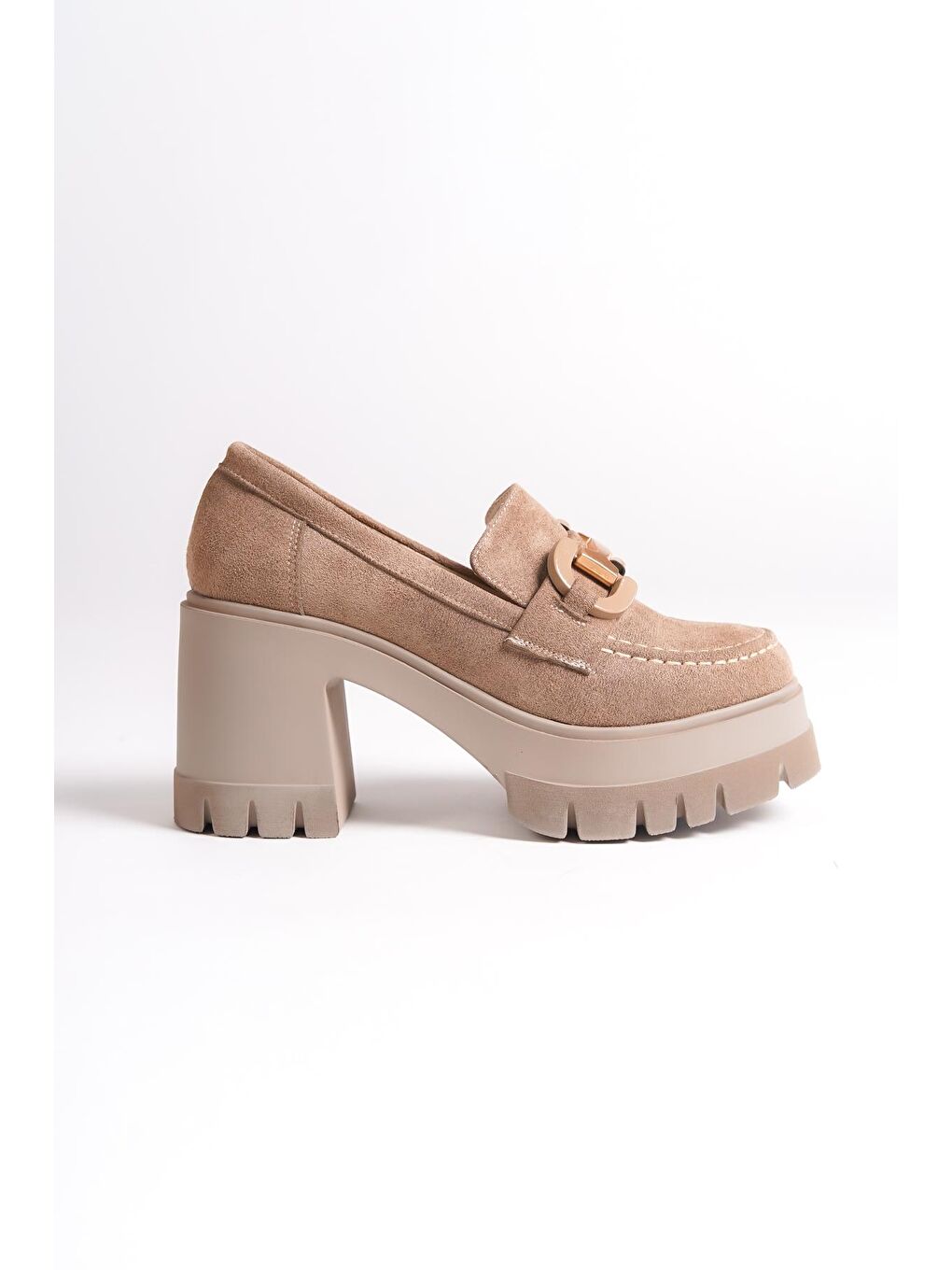 Bej Yuvarlak Burunlu Orta Topuklu Kadın Loafer-4