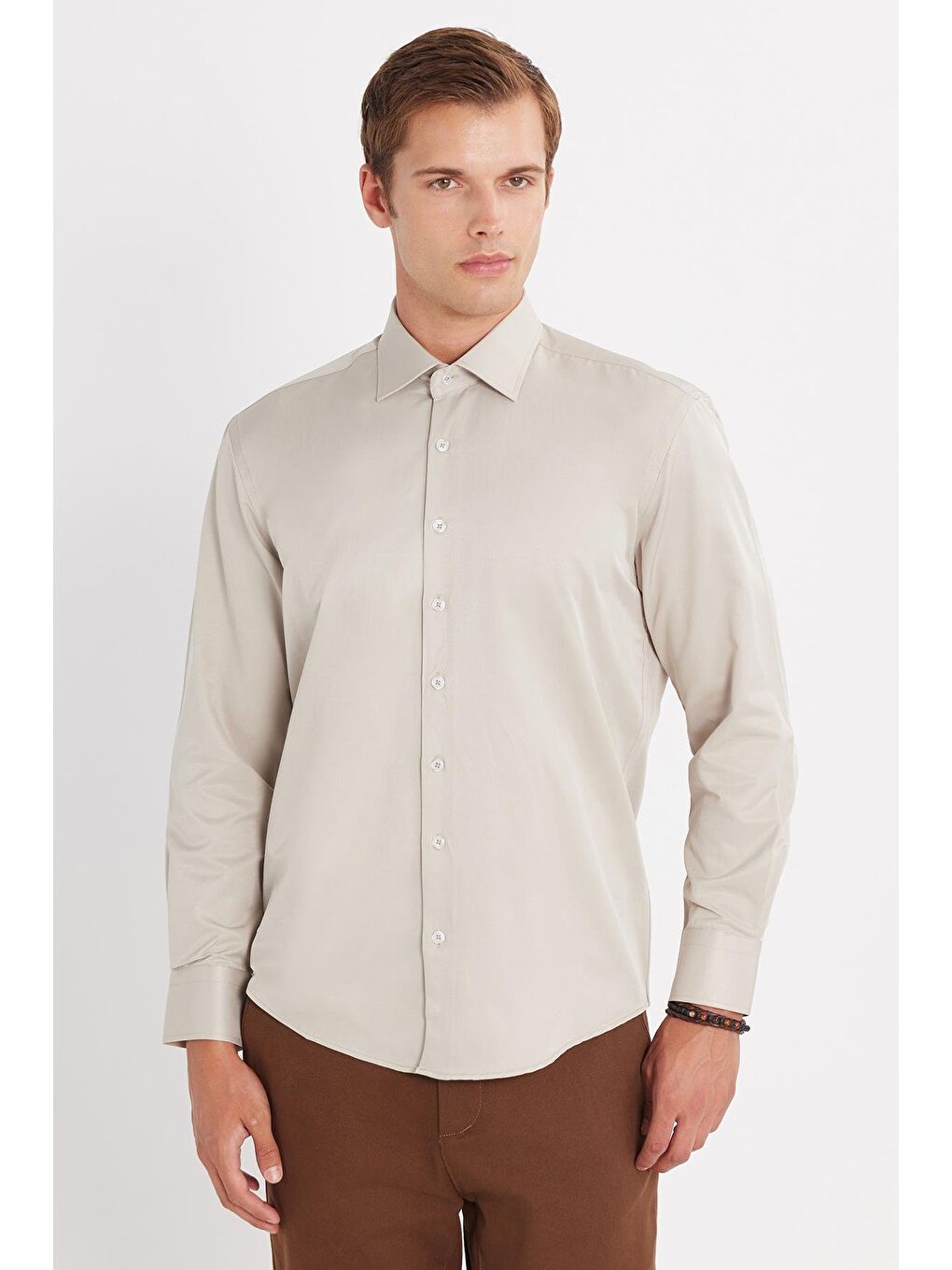 Erkek Regular Fit Klasik Kesim Pamuklu Düz Bej Gömlek