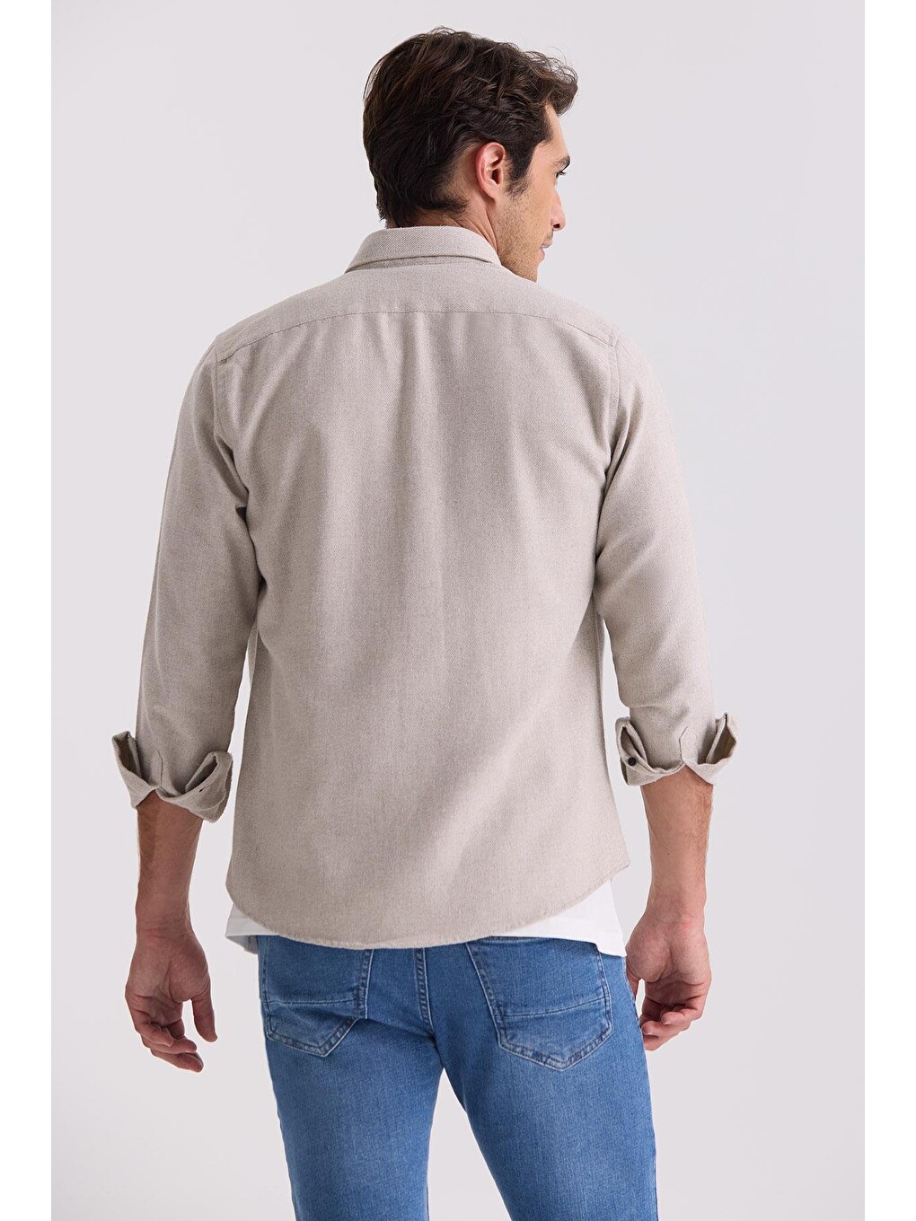 Bej Slim Fit Düğmeli Yaka Cepli Gömlek-3