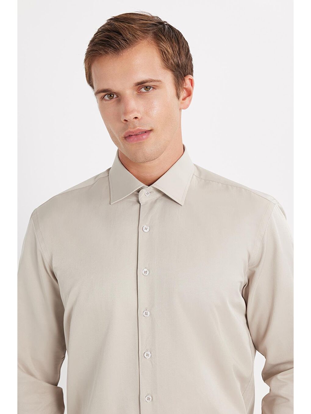 Erkek Regular Fit Klasik Kesim Pamuklu Düz Bej Gömlek-1