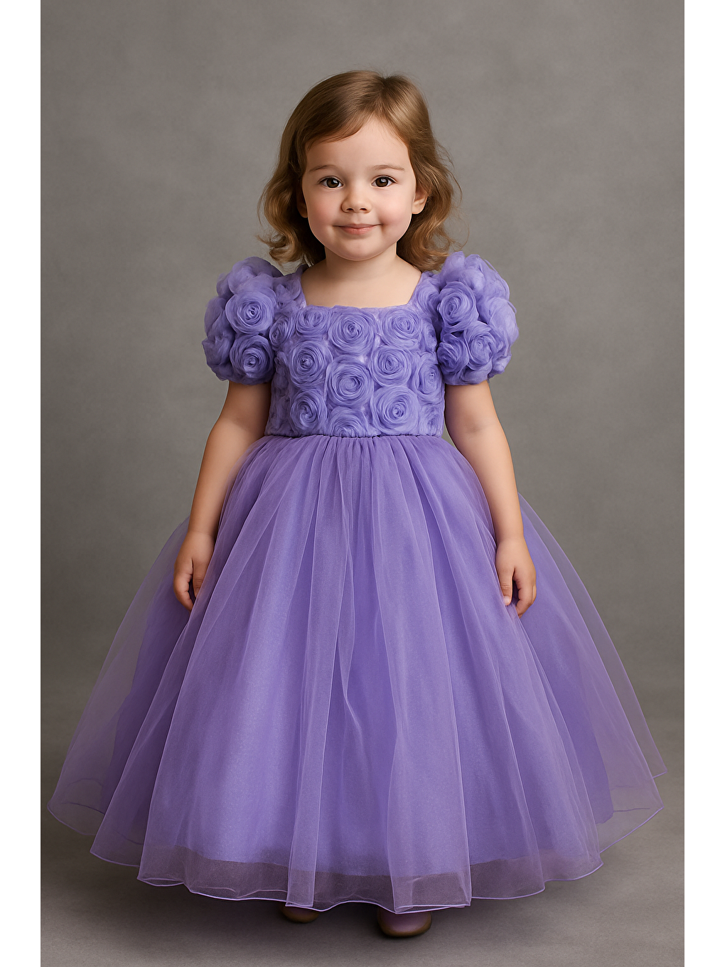 Mor Kız Çocuk Tarlatanlı Çiçek Dokulu Abiye Elbise - Özel Ve Davet Elbisesi-2