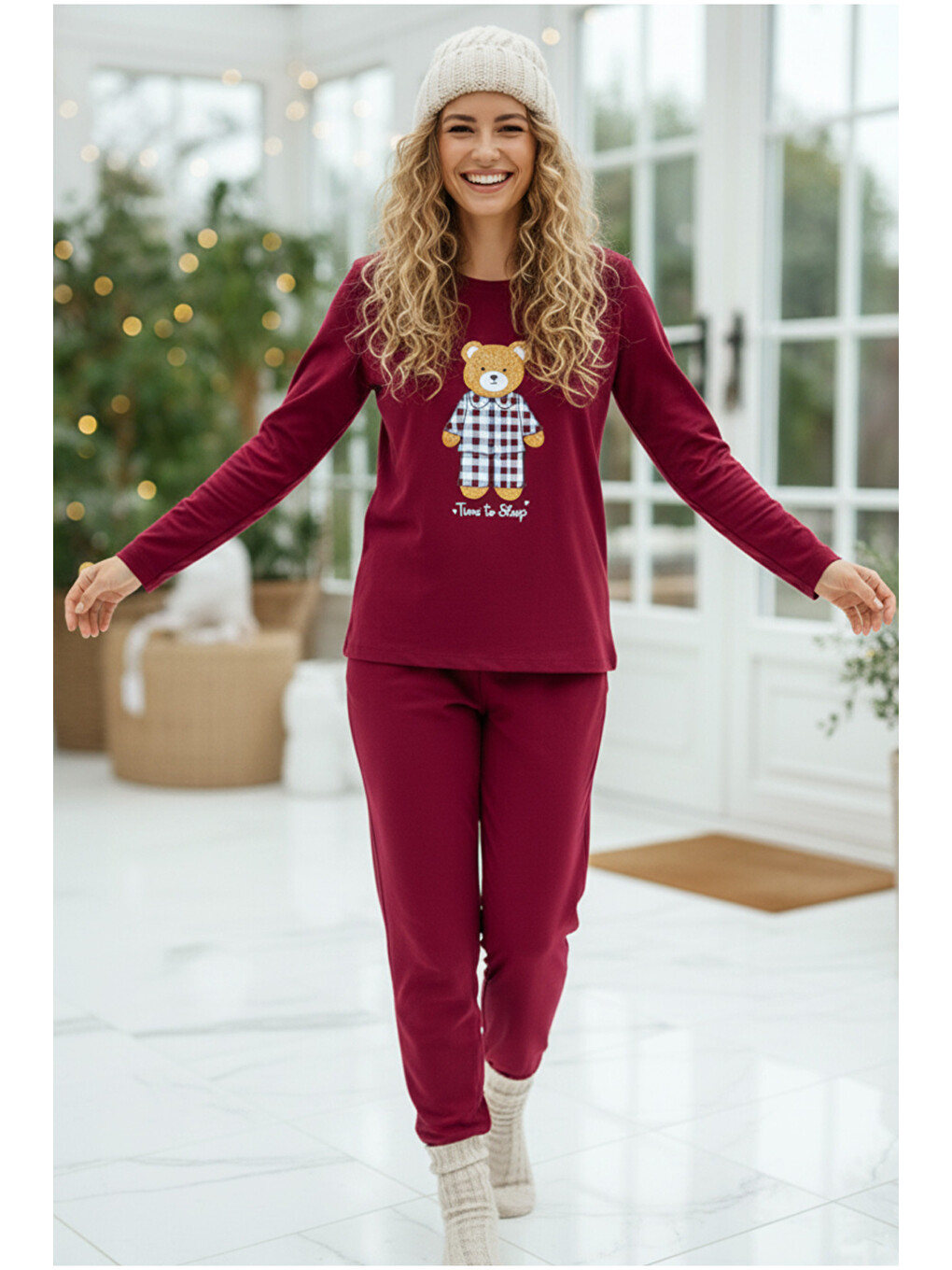 Bordo Ayıcık Baskılı Örme Pijama Takım 7968-1