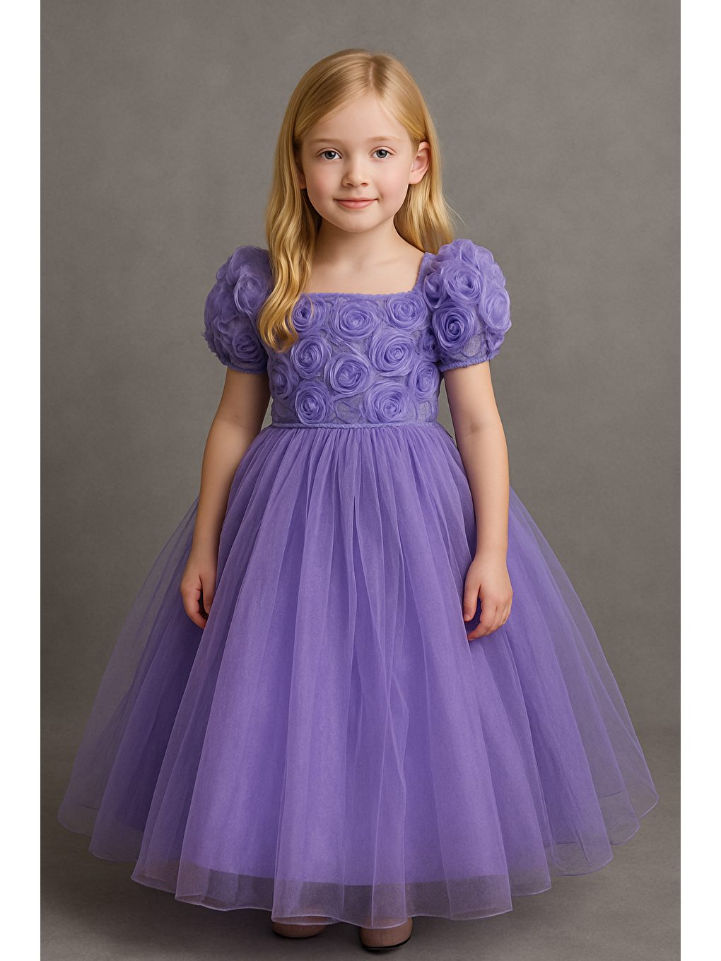 Mor Kız Çocuk Tarlatanlı Çiçek Dokulu Abiye Elbise - Özel Ve Davet Elbisesi-4