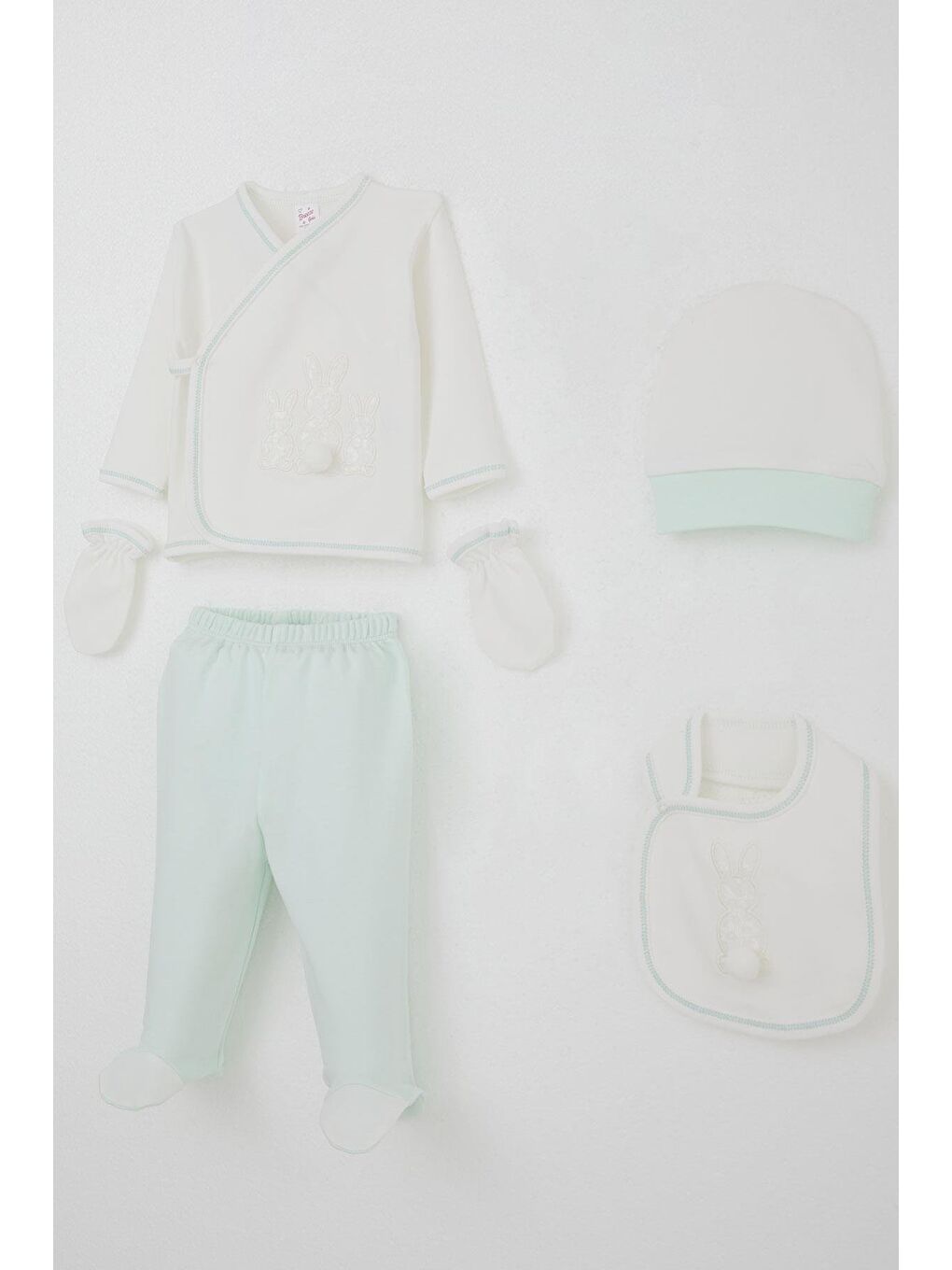 Kız Bebek Hastane Çıkışı 5 Li Ponponlu Tavşancık Nakışlı Ekru (0-3 Ay)-1