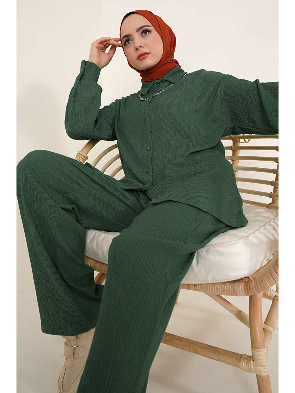 T5858 Örme Tesettür İkili Takım - Zümrüt Yeşili-3