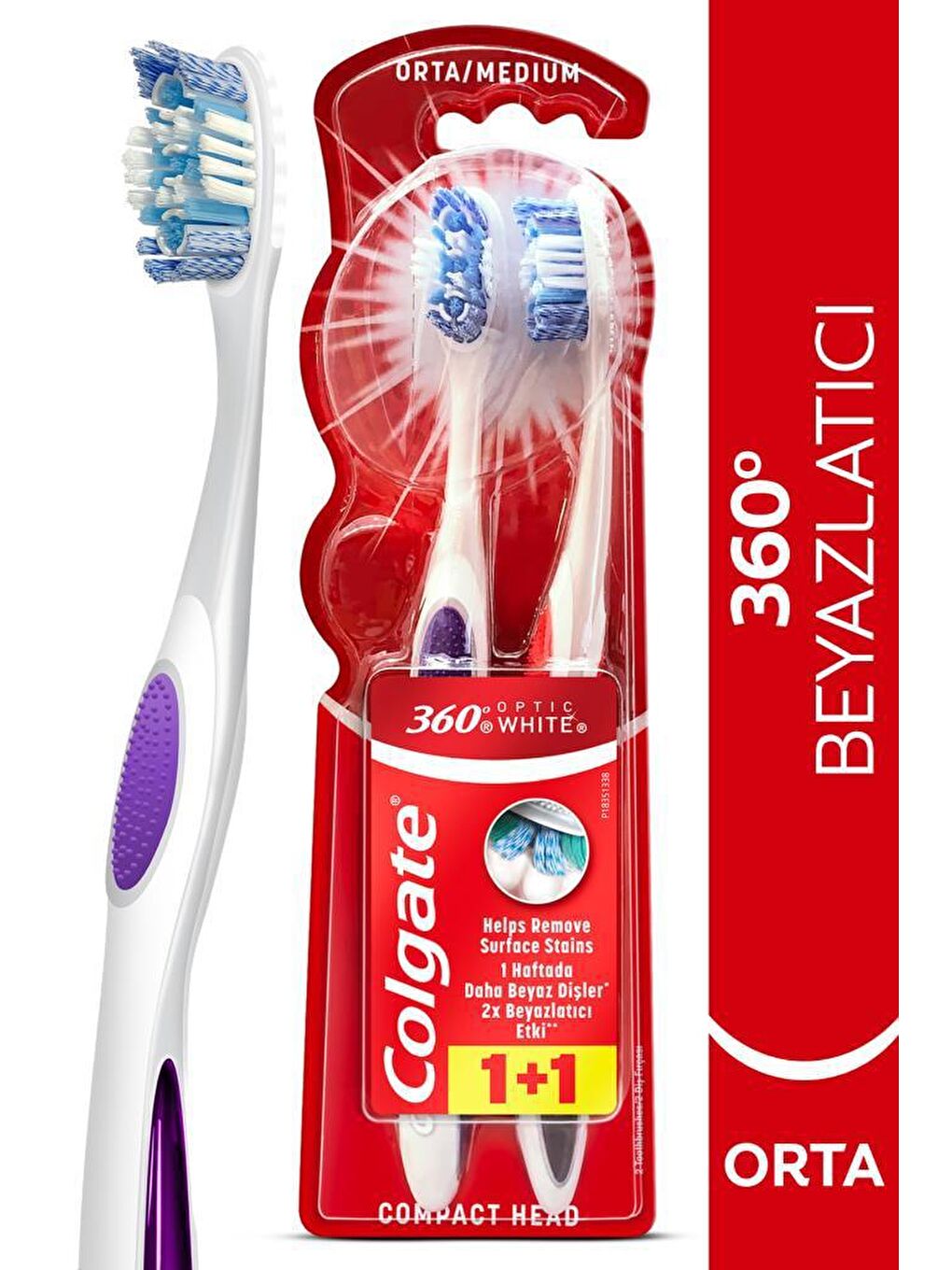 Colgate Mor-Fuşya 360 Optik Beyaz Orta Beyazlatıcı Diş Fırçası 1+1