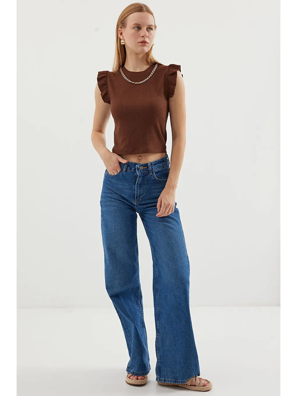 Kahverengi Kadın Zincir Detaylı Örme Bluz 0430-7